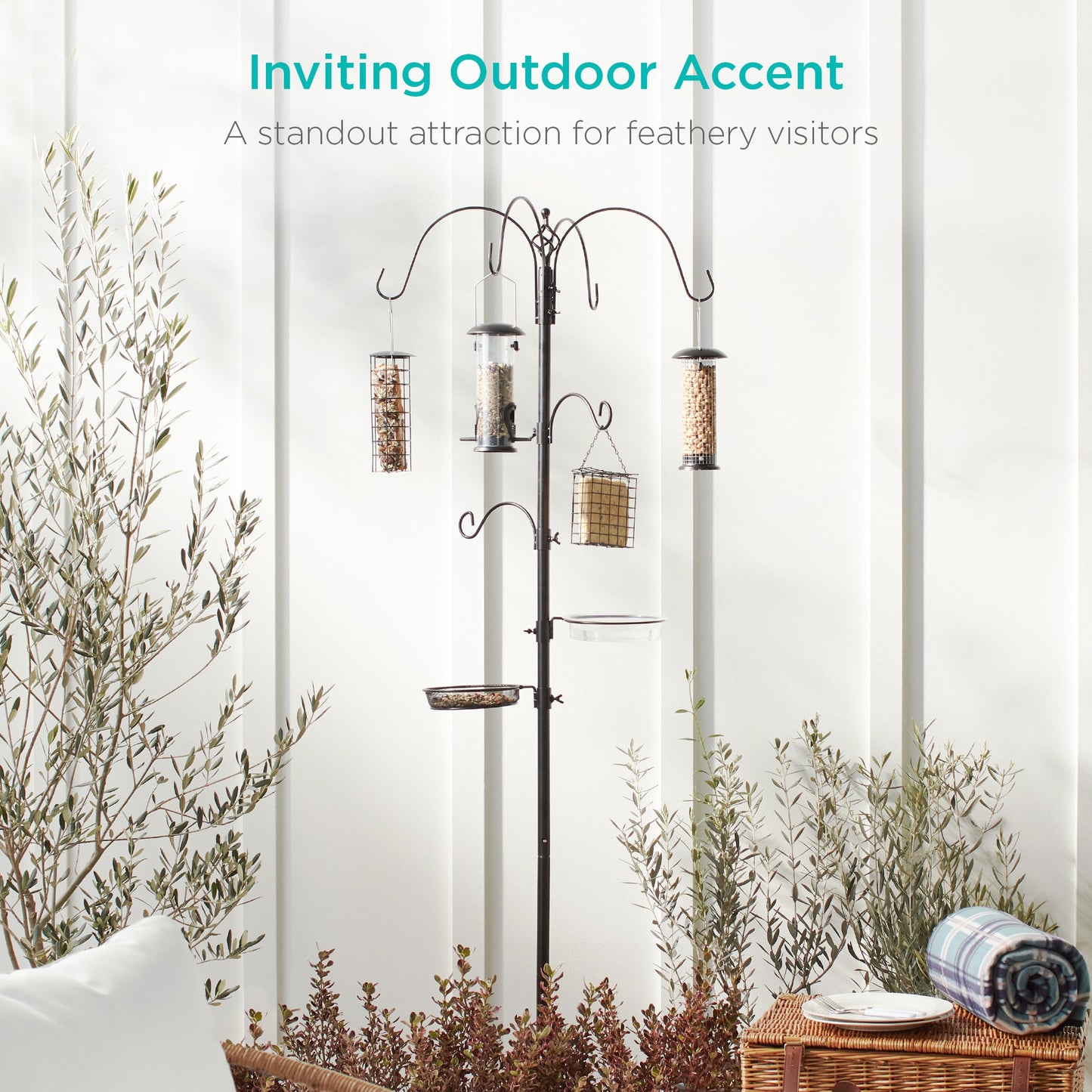 Bird Feeding Station, 6-Hook Steel Multi-Feeder Stand w/ 4 Feeders - 89in