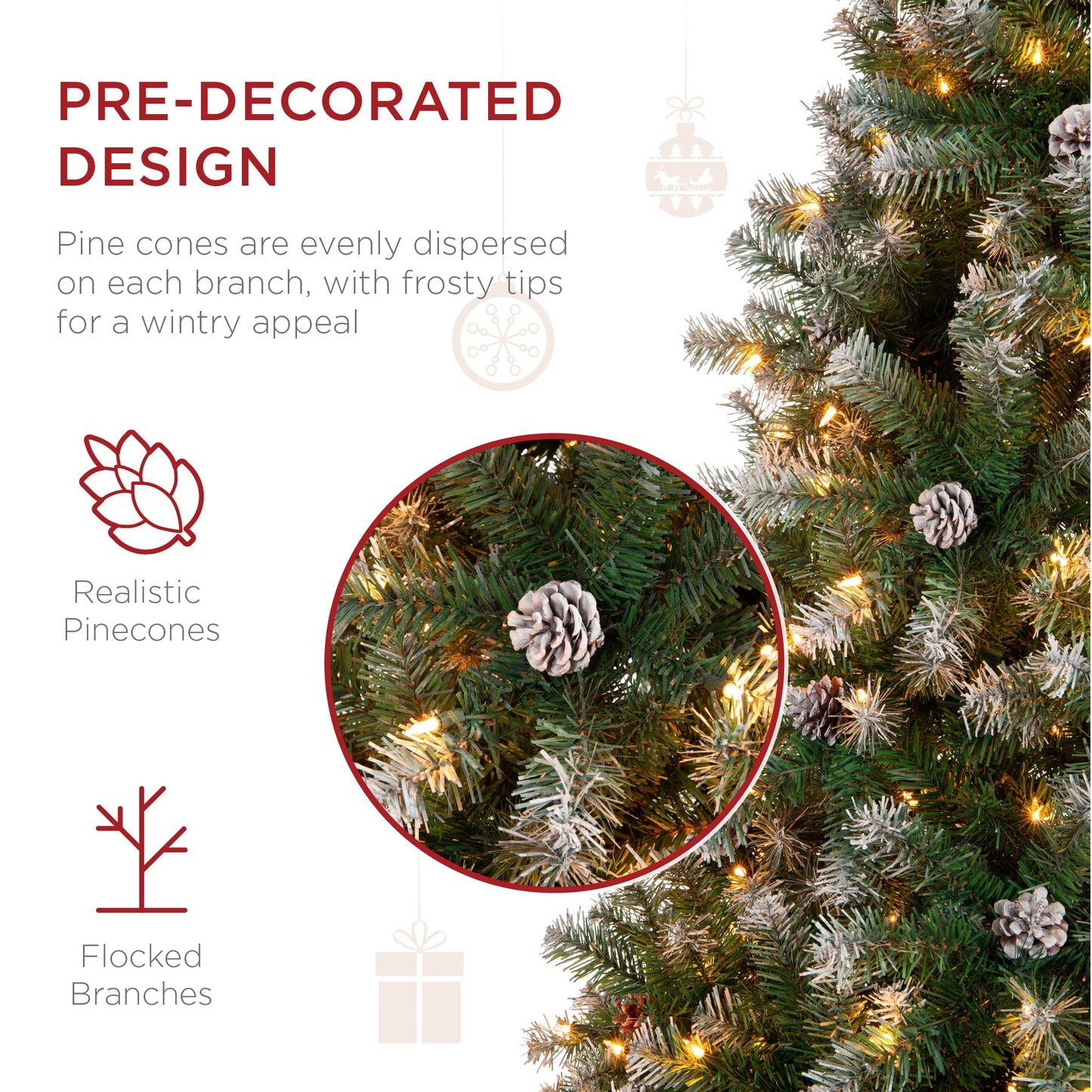 Pre-Lit Pre-Decorated Christmas Tree w/ Flocked Tips, Pinecones