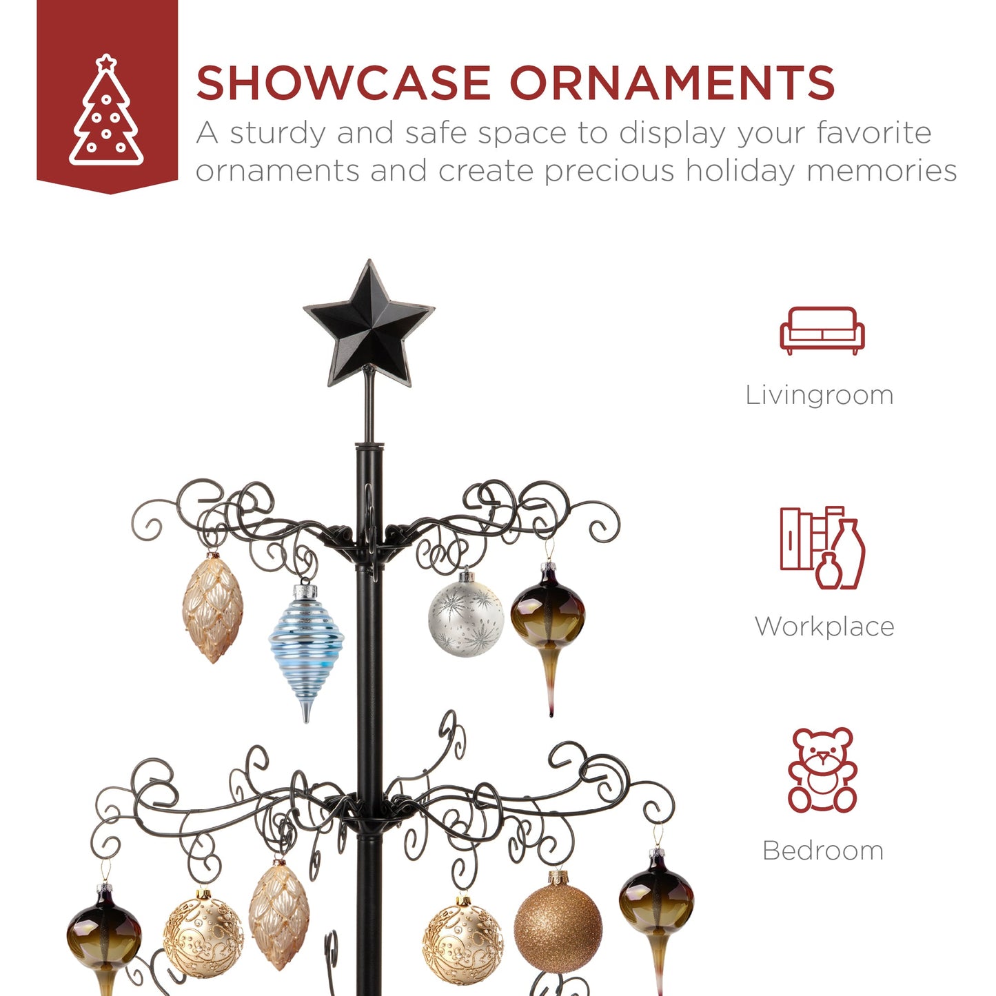 Wrought Iron Christmas Tree Ornament Display w/ Easy Assembly, Stand - 3ft