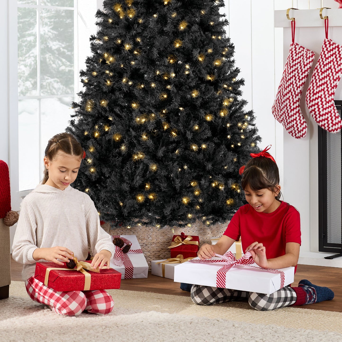 Pre-Lit Artificial Black Christmas Tree w/ Incandescent Lights, Metal Stand