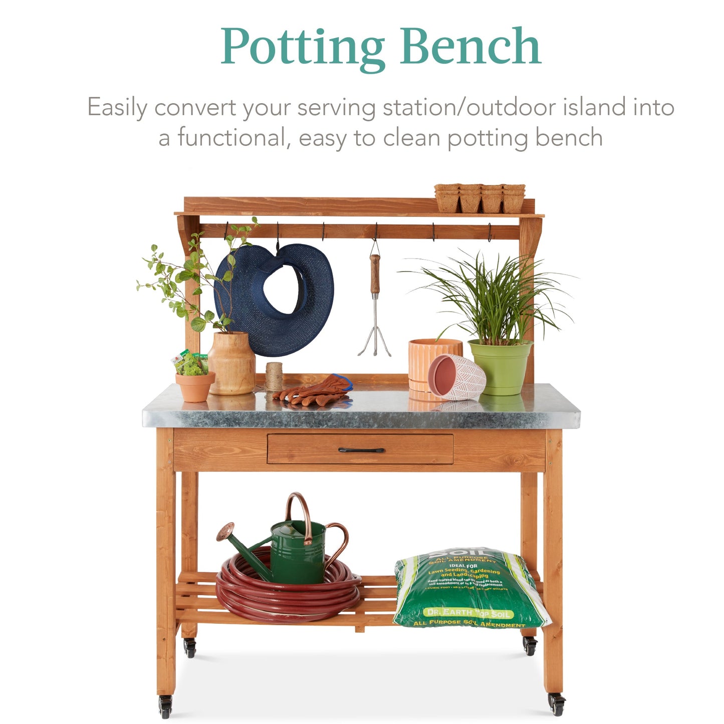 Mobile Outdoor Table and Storage Cabinet w/ 4 Wheels, Stainless Steel Top