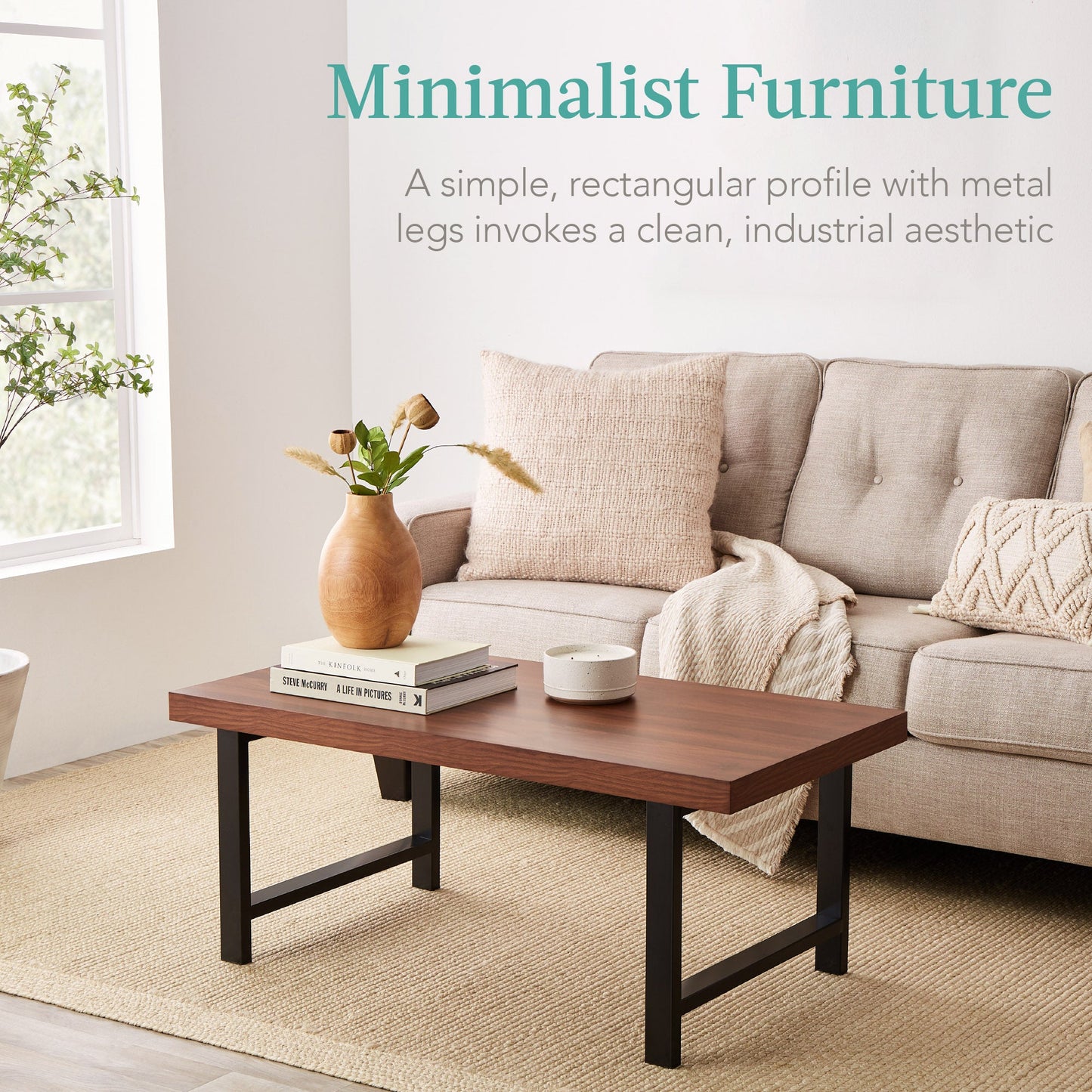 Modern Butcher Block Top Rectangular Coffee Table w/ Metal Legs - 44in