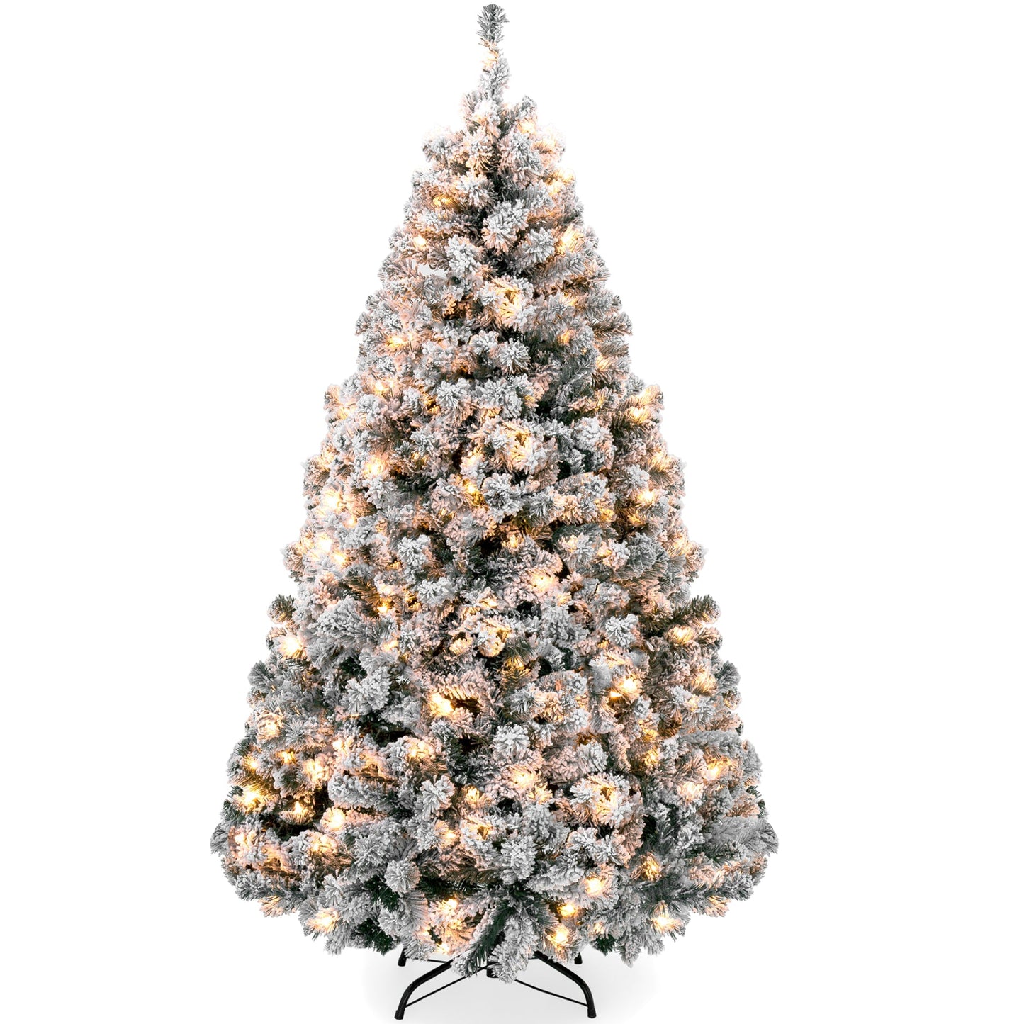 Pre-Lit Snow Flocked Artificial Pine Christmas Tree w/ Warm White Lights