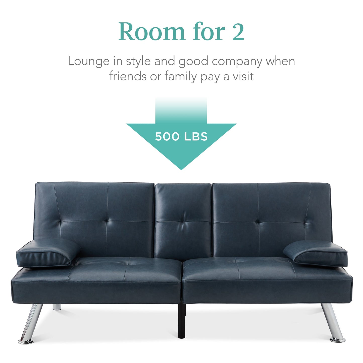 Faux Leather Upholstered Convertible Sofa Bed Futon w/ 2 Cupholders