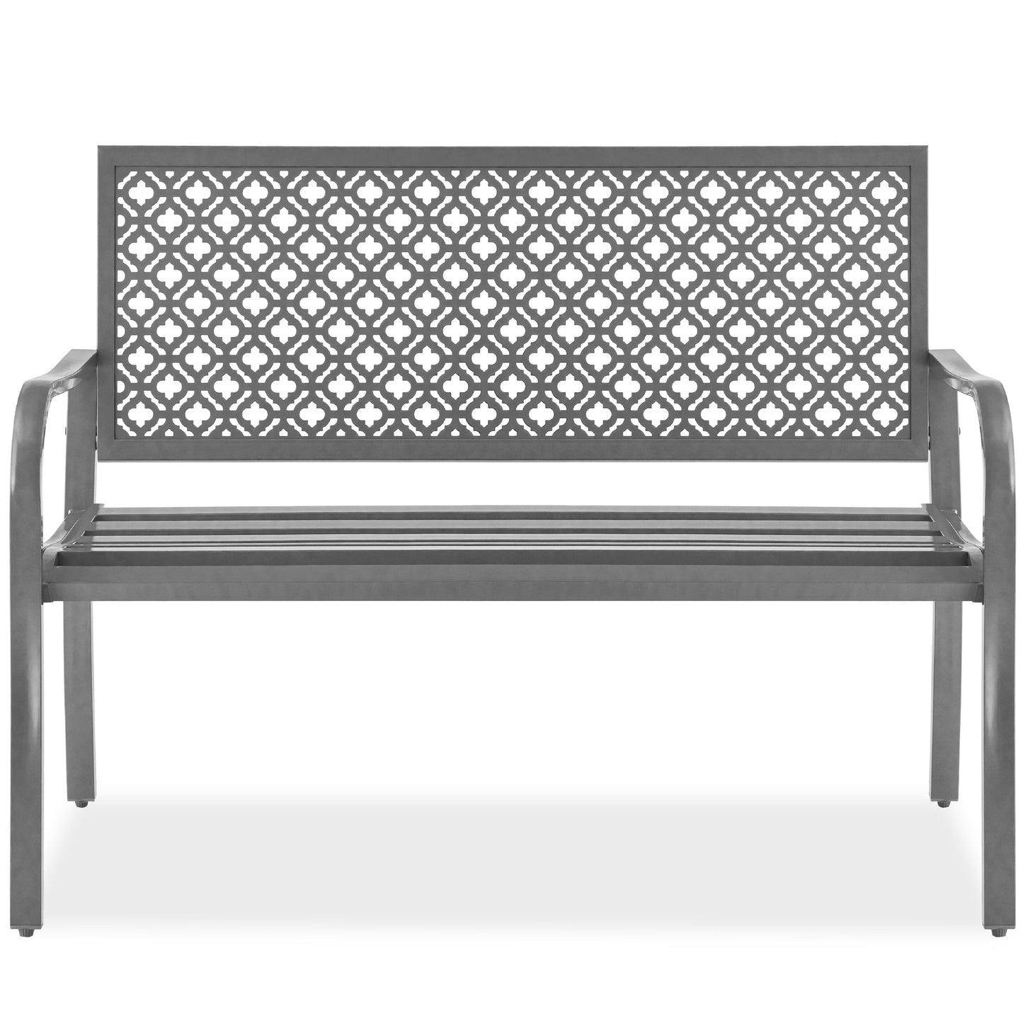 Indoor Outdoor Steel Bench w/ Geometric Backrest, Foot Levelers