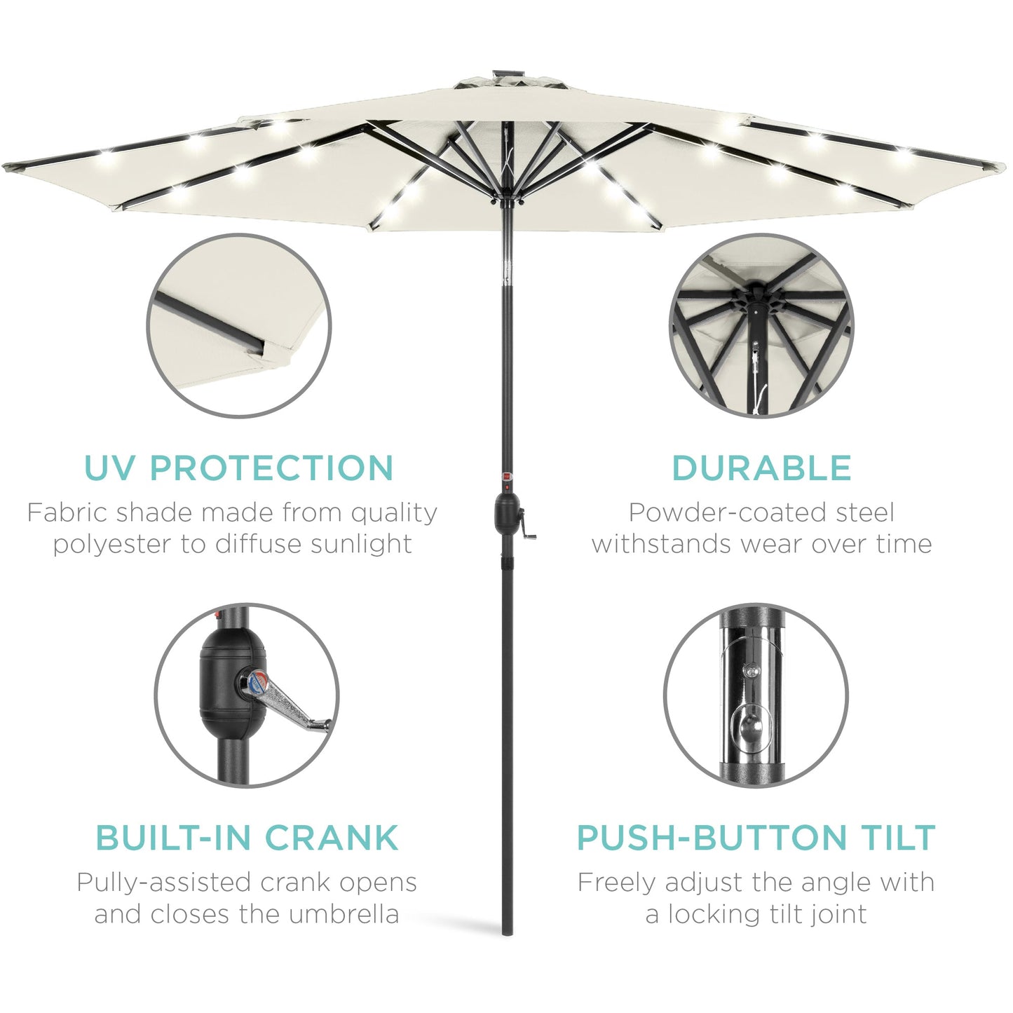 Solar LED Lighted Patio Umbrella w/ Tilt Adjustment, UV-Resistant - 10ft