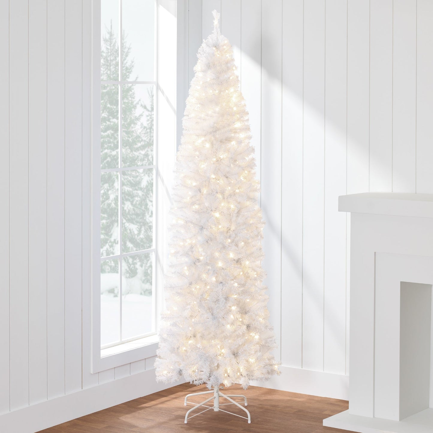 Pre-Lit White Pencil Christmas Tree w/ Metal Base, Incandescent Lights