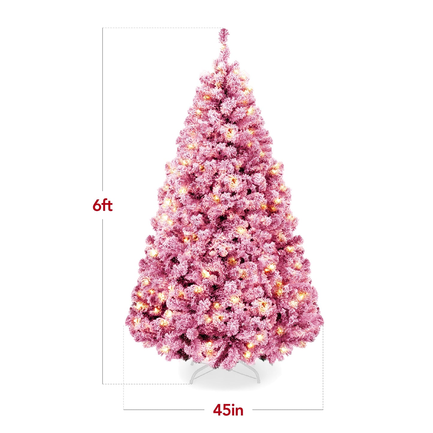 Prelit Pink Christmas Tree, Snow Flocked Full Holiday Decor w/ Metal Base