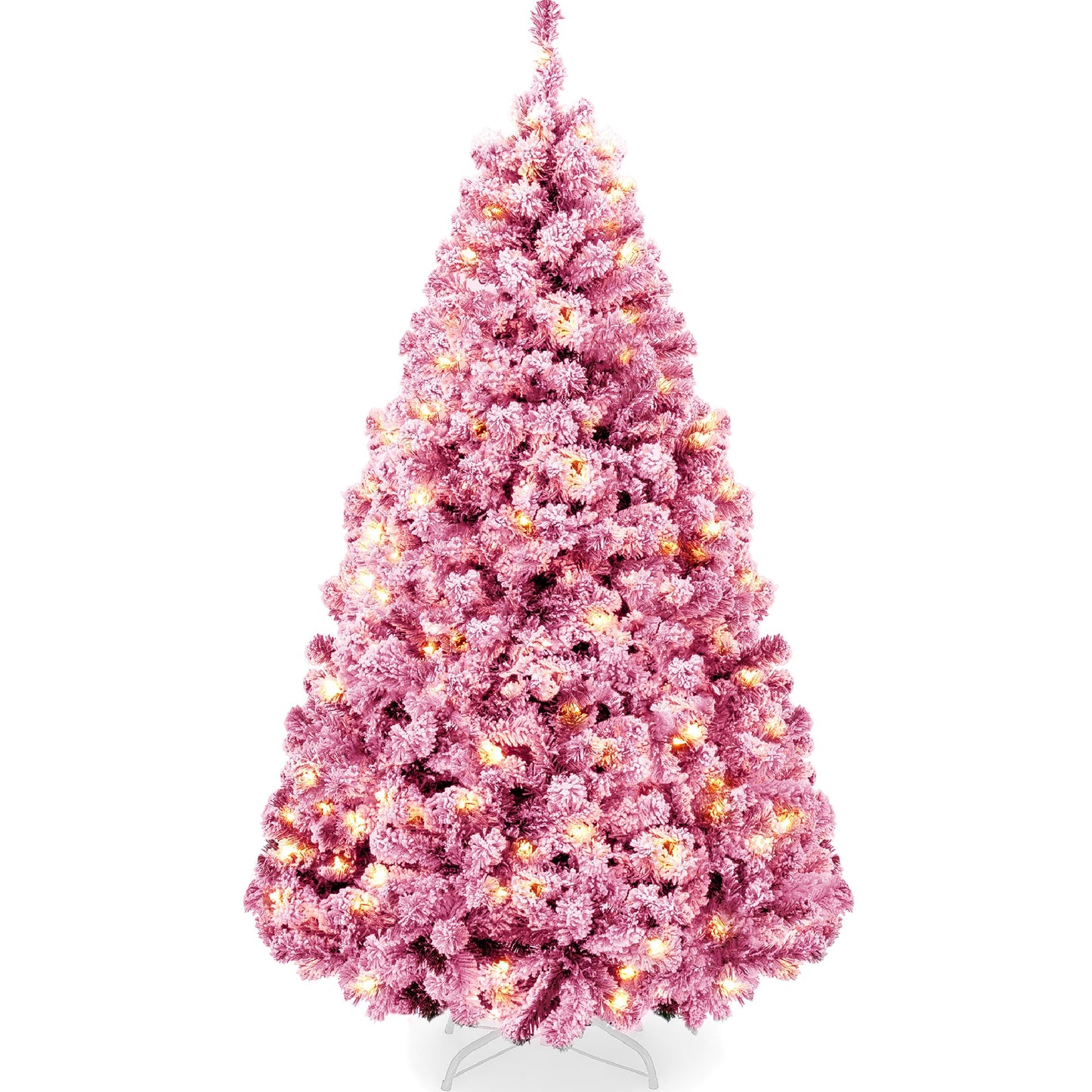 Prelit Pink Christmas Tree, Snow Flocked Full Holiday Decor w/ Metal Base