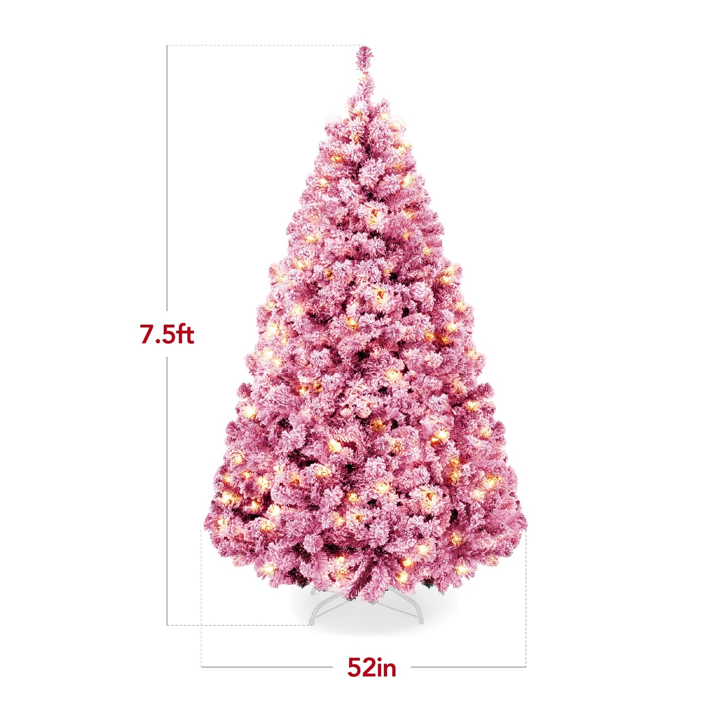 Prelit Pink Christmas Tree, Snow Flocked Full Holiday Decor w/ Metal Base
