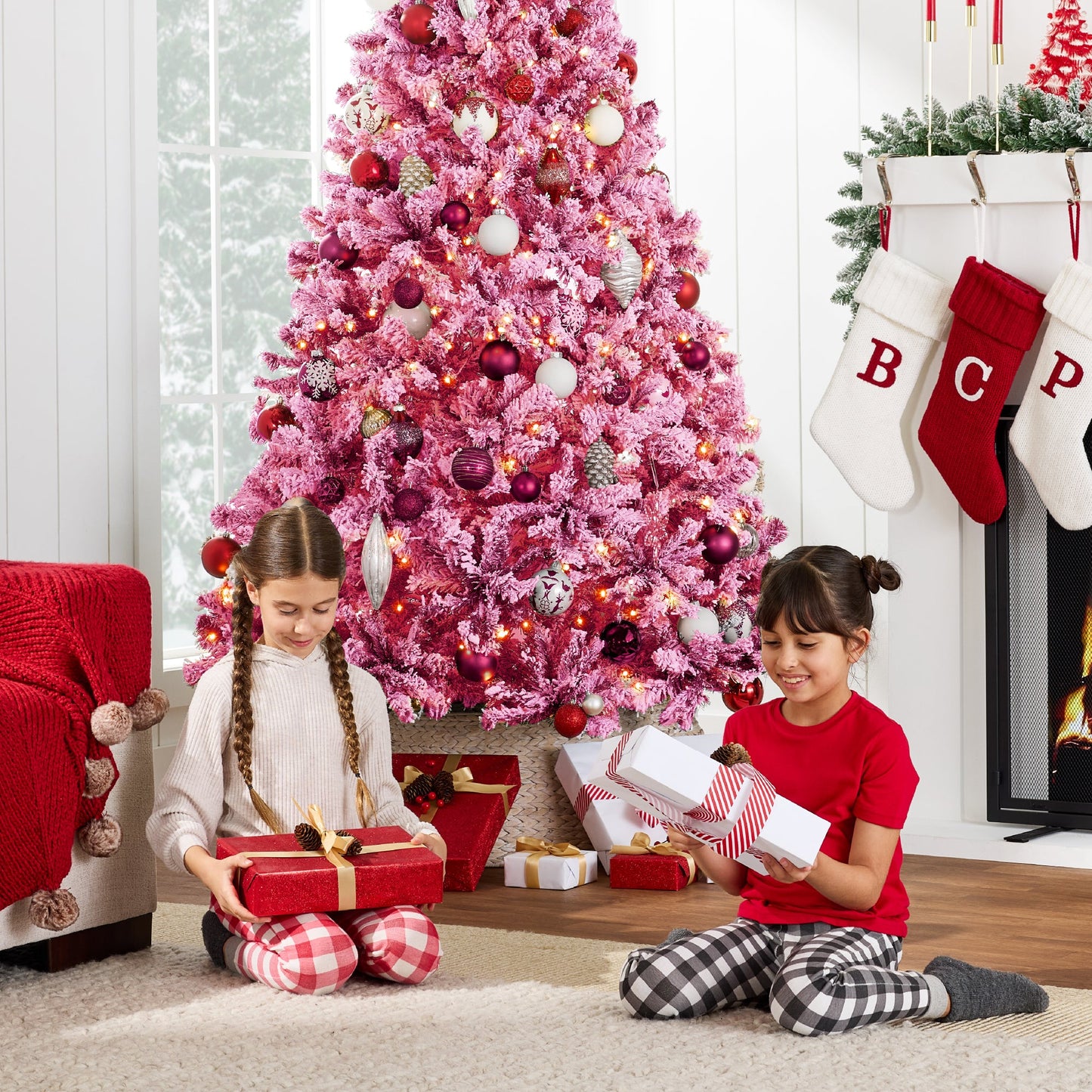 Prelit Pink Christmas Tree, Snow Flocked Full Holiday Decor w/ Metal Base