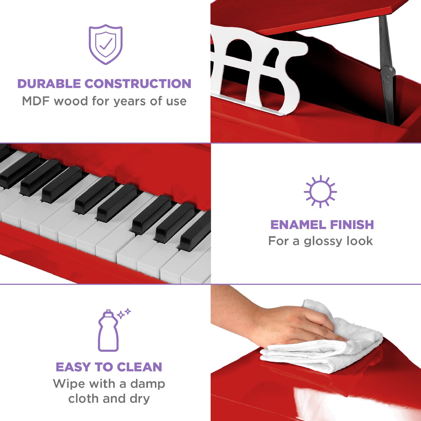 Kids Mini Wooden Grand Piano w/ Lid, Bench, Music Rack, Song Book, Stickers