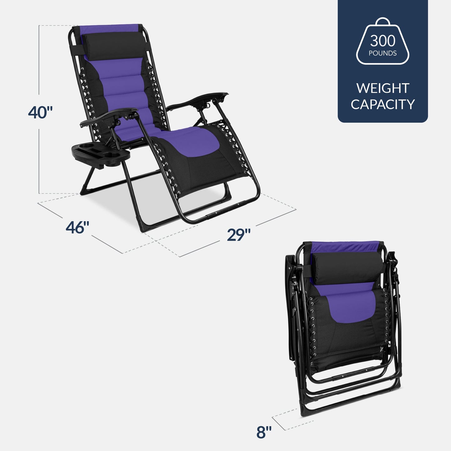 Oversized Padded Zero Gravity Chair, Folding Recliner w/ Headrest, Side Tray