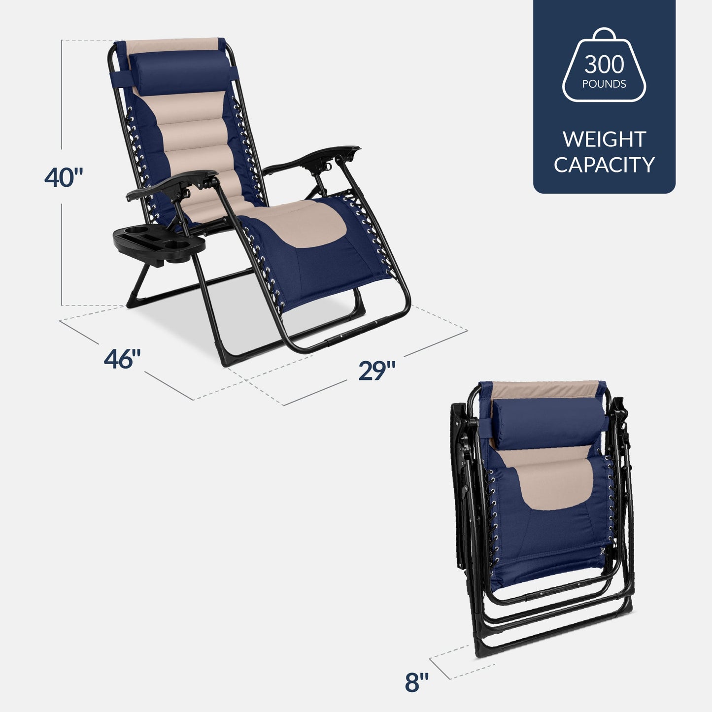 Oversized Padded Zero Gravity Chair, Folding Recliner w/ Headrest, Side Tray