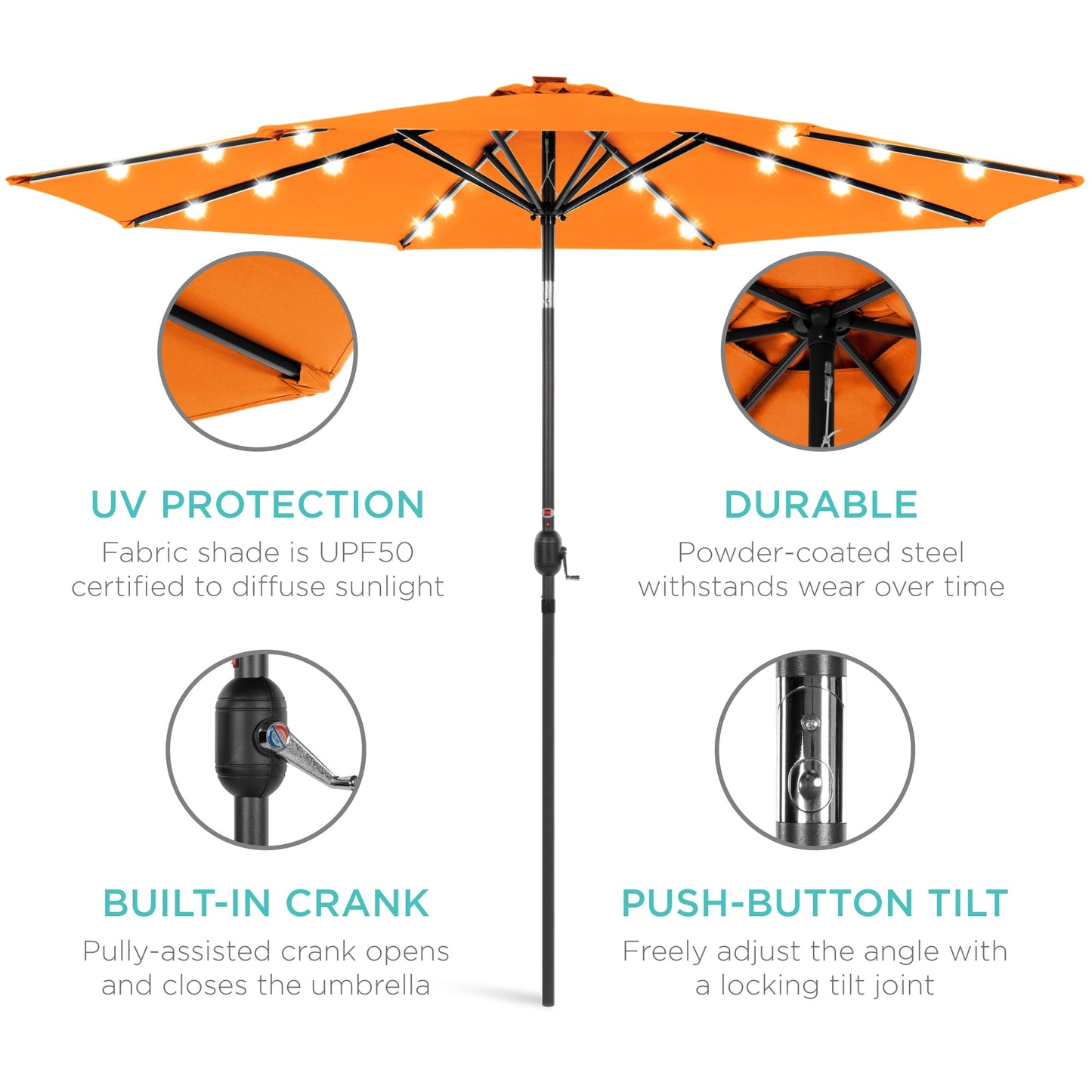 Solar LED Lighted Patio Umbrella w/ Tilt Adjustment, UV-Resistant - 10ft