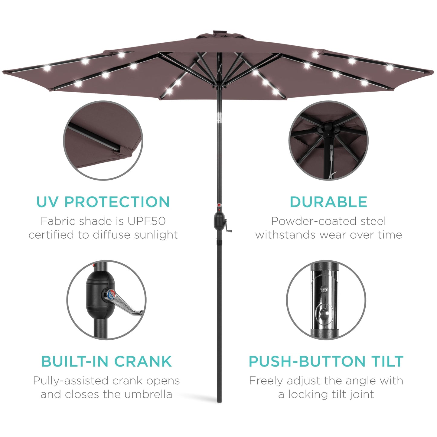 Solar LED Lighted Patio Umbrella w/ Tilt Adjustment, UV-Resistant - 10ft