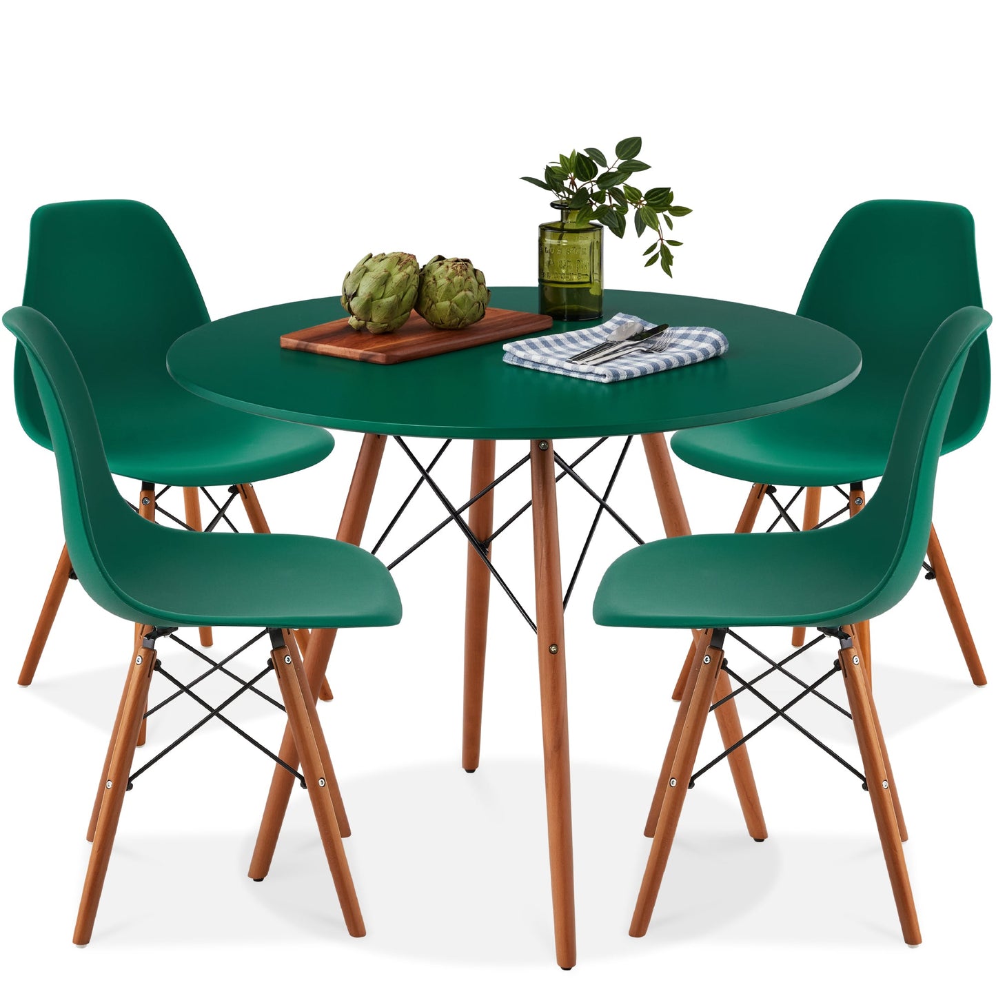 5-Piece Mid-Century Modern Dining Set w/ 4 Chairs, Wooden Legs, Metal Frame