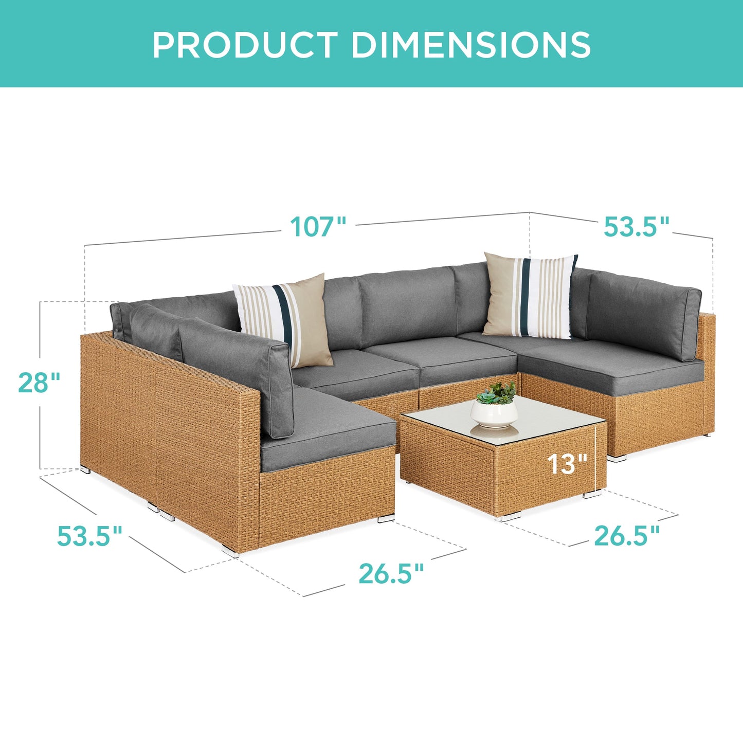 7-Piece Modular Wicker Sectional Conversation Set w/ 2 Pillows, Cover