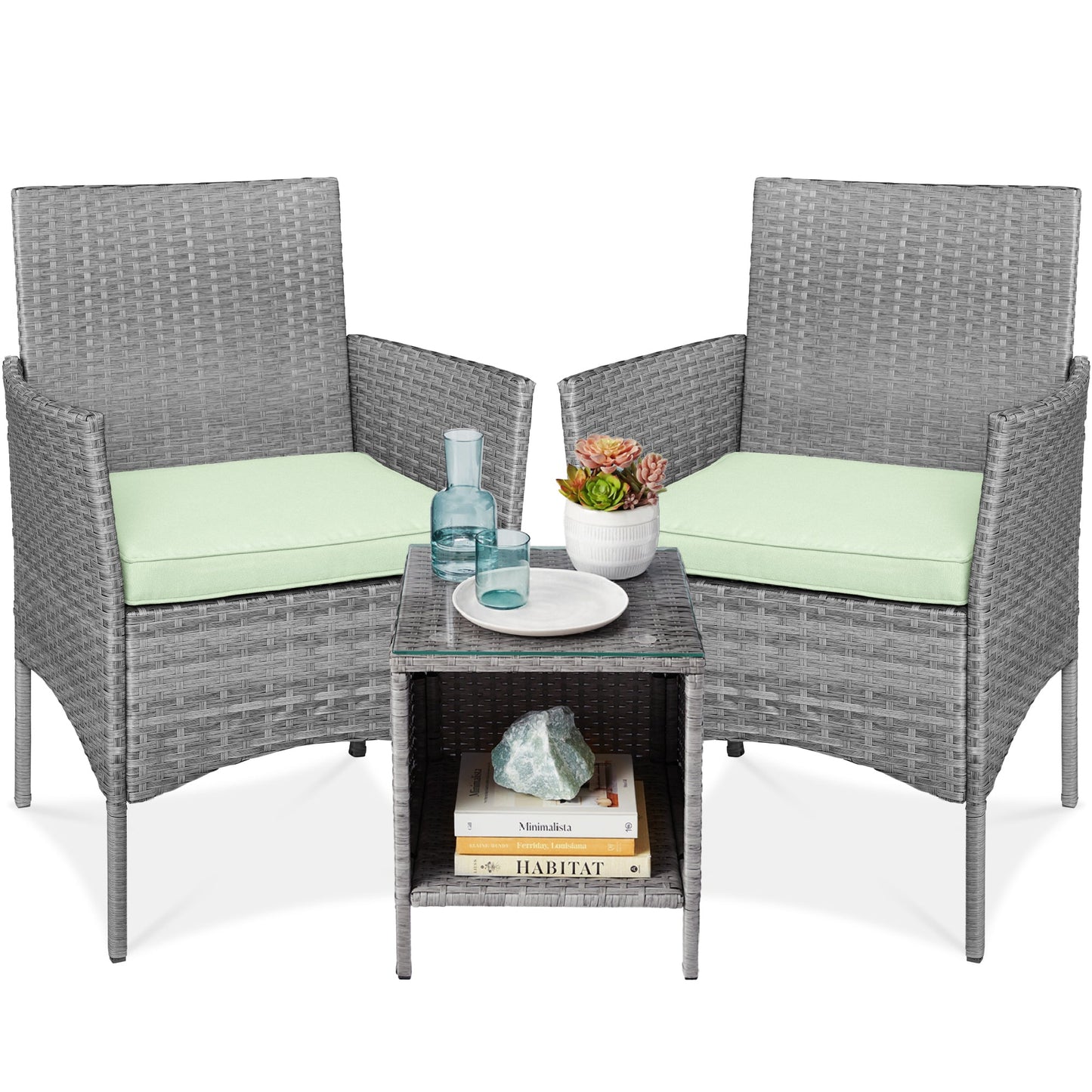 3-Piece Outdoor Patio Wicker Bistro Set w/ Side Storage Table