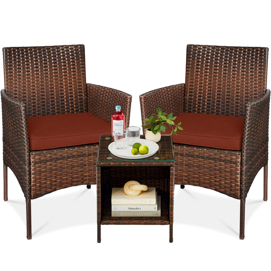 3-Piece Outdoor Patio Wicker Bistro Set w/ Side Storage Table