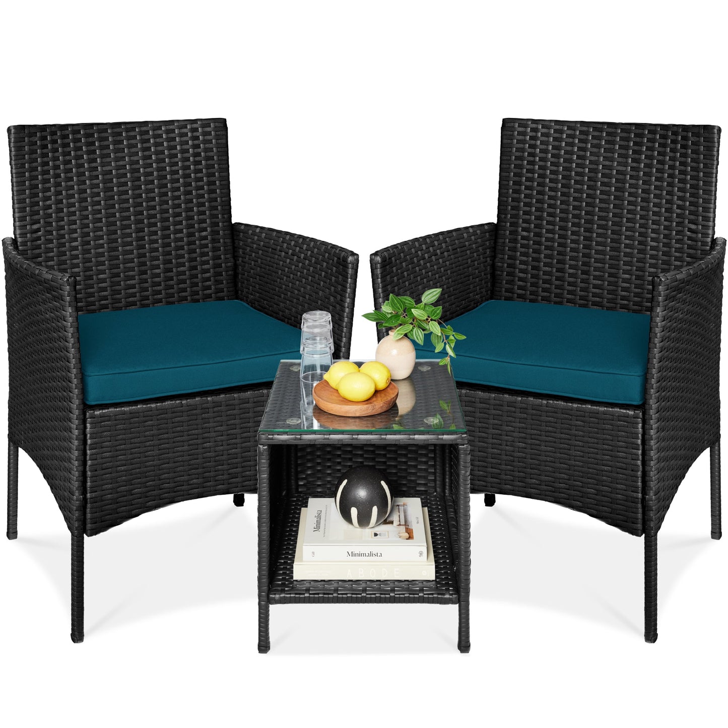 3-Piece Outdoor Patio Wicker Bistro Set w/ Side Storage Table