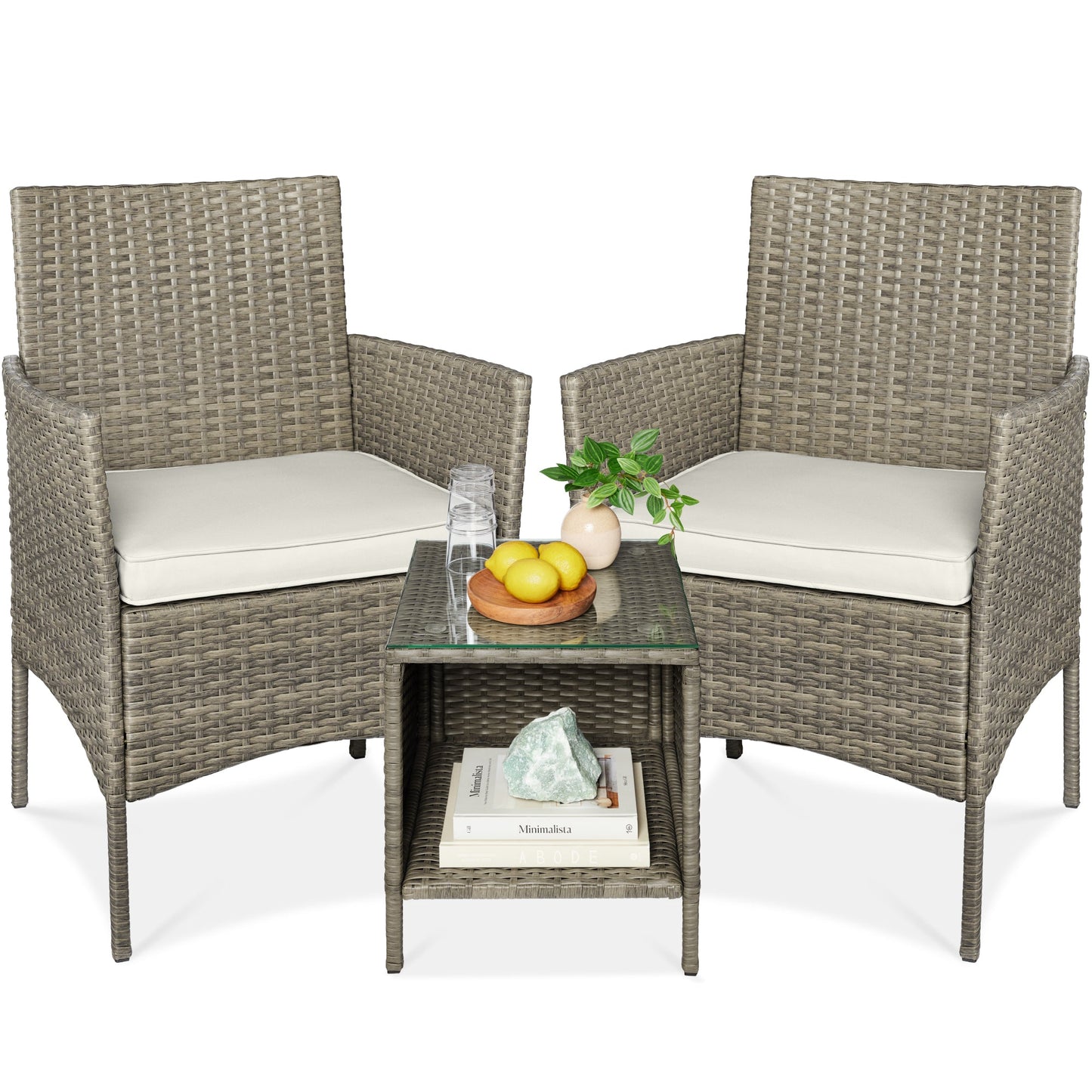 3-Piece Outdoor Patio Wicker Bistro Set w/ Side Storage Table