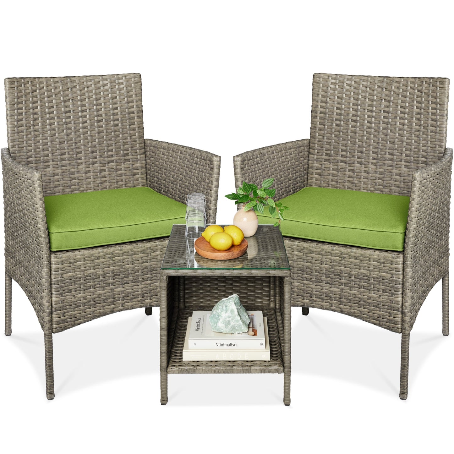 3-Piece Outdoor Patio Wicker Bistro Set w/ Side Storage Table