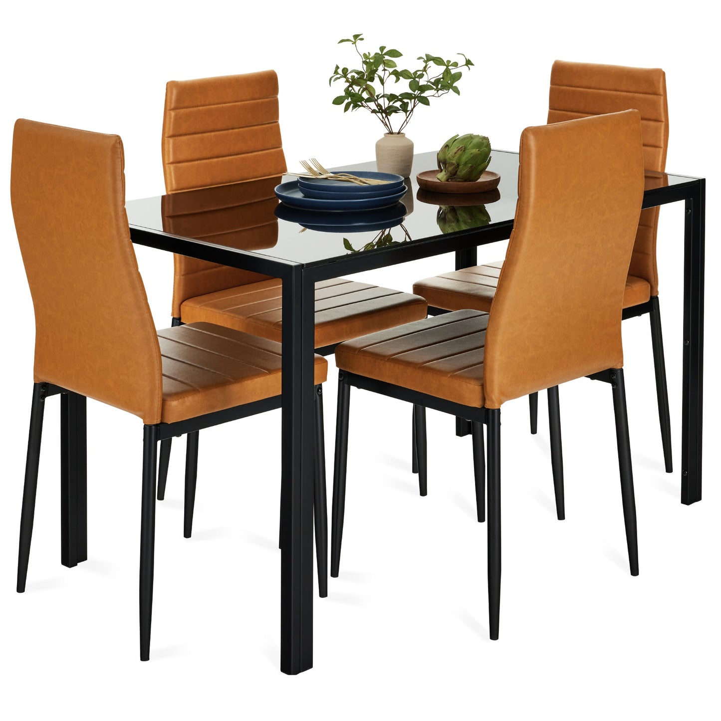 5-Piece Dining Table Set w/ Glass Top, Leather Chairs