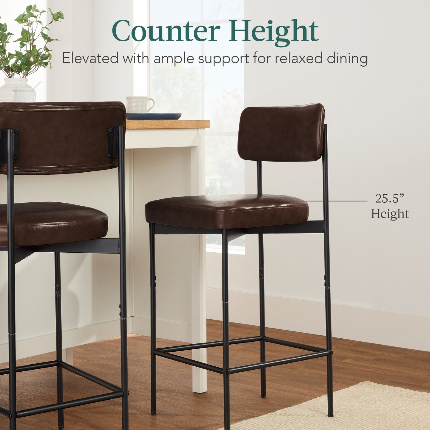 Set of 2 Armless Counter Height Bar Stools, Modern PU Faux Leather Stools