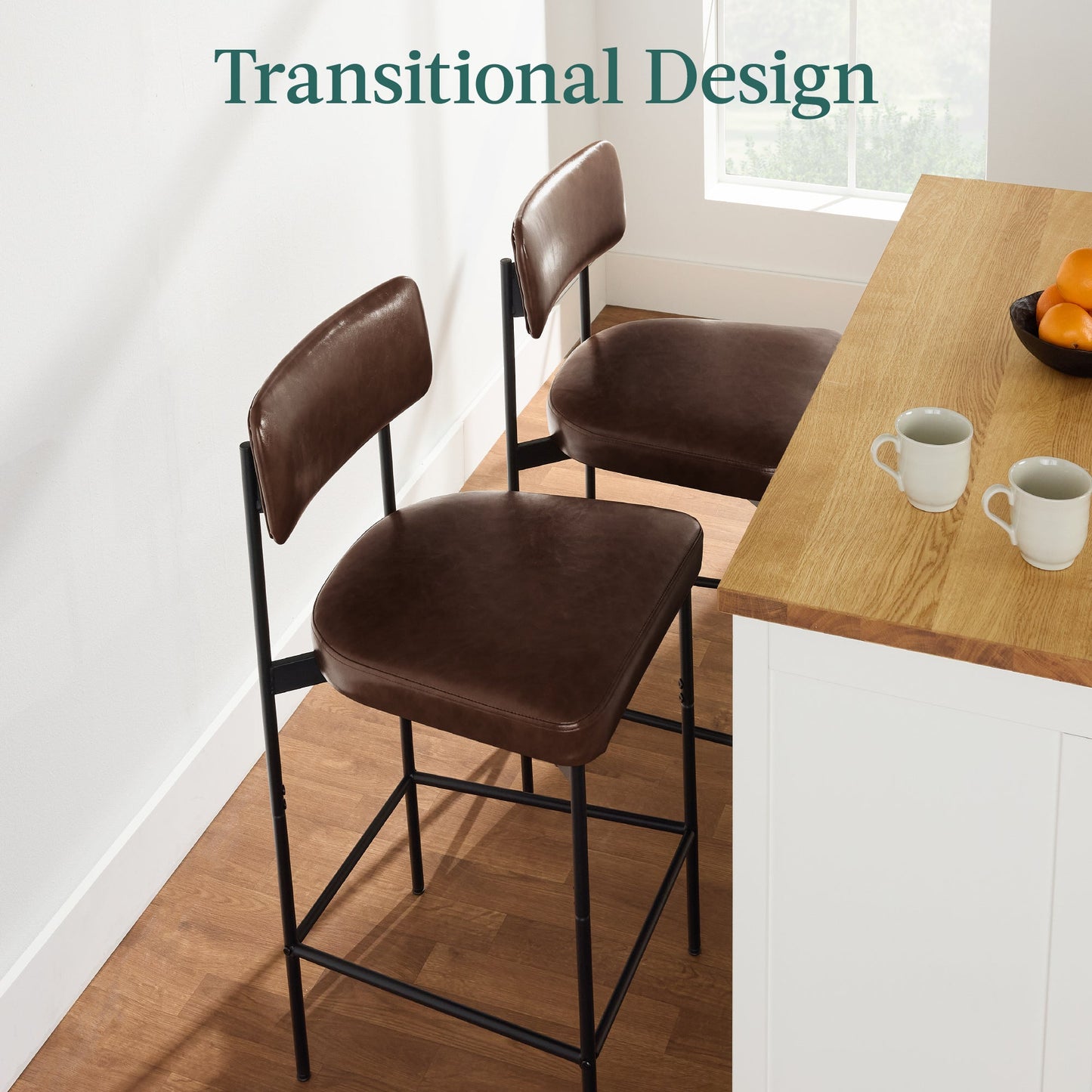 Set of 2 Armless Counter Height Bar Stools, Modern PU Faux Leather Stools