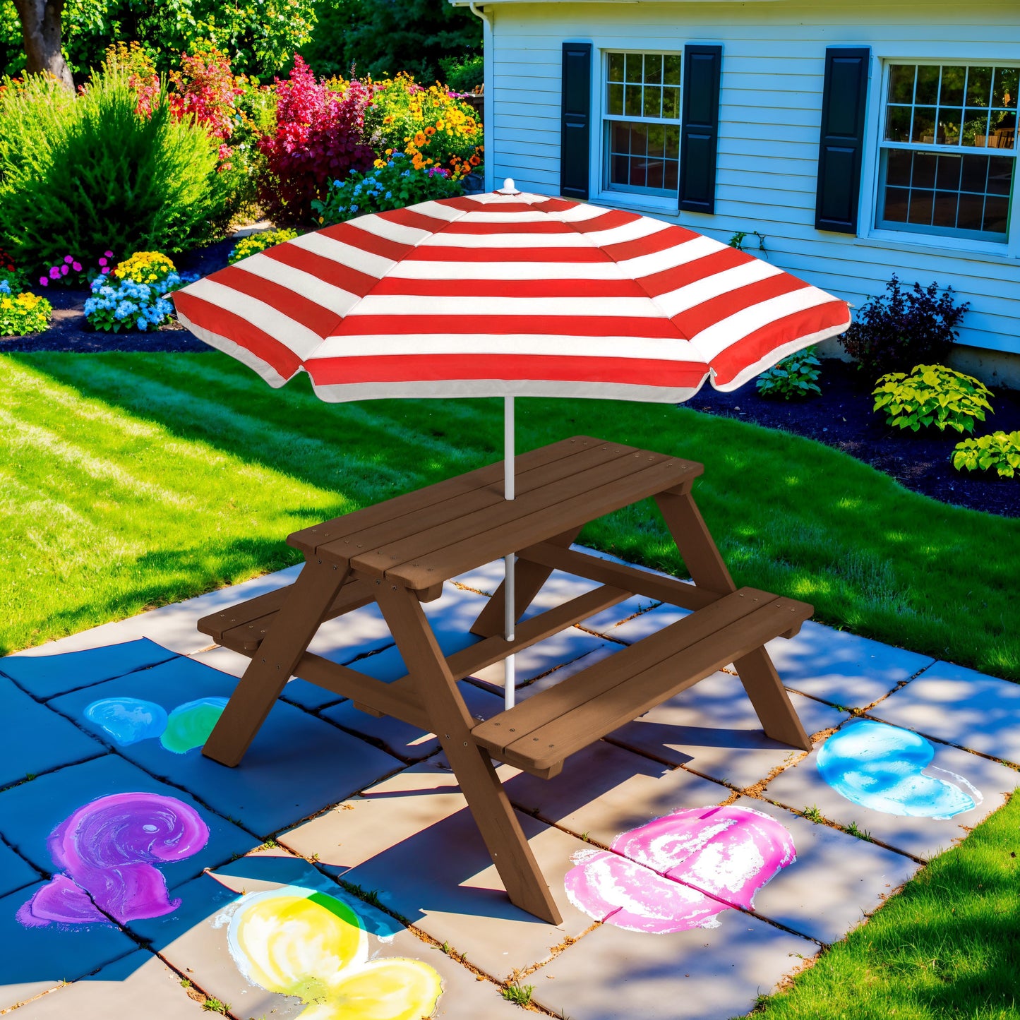 Kids Wooden Outdoor Picnic Table w/ Adjustable Umbrella, Built-In Seats
