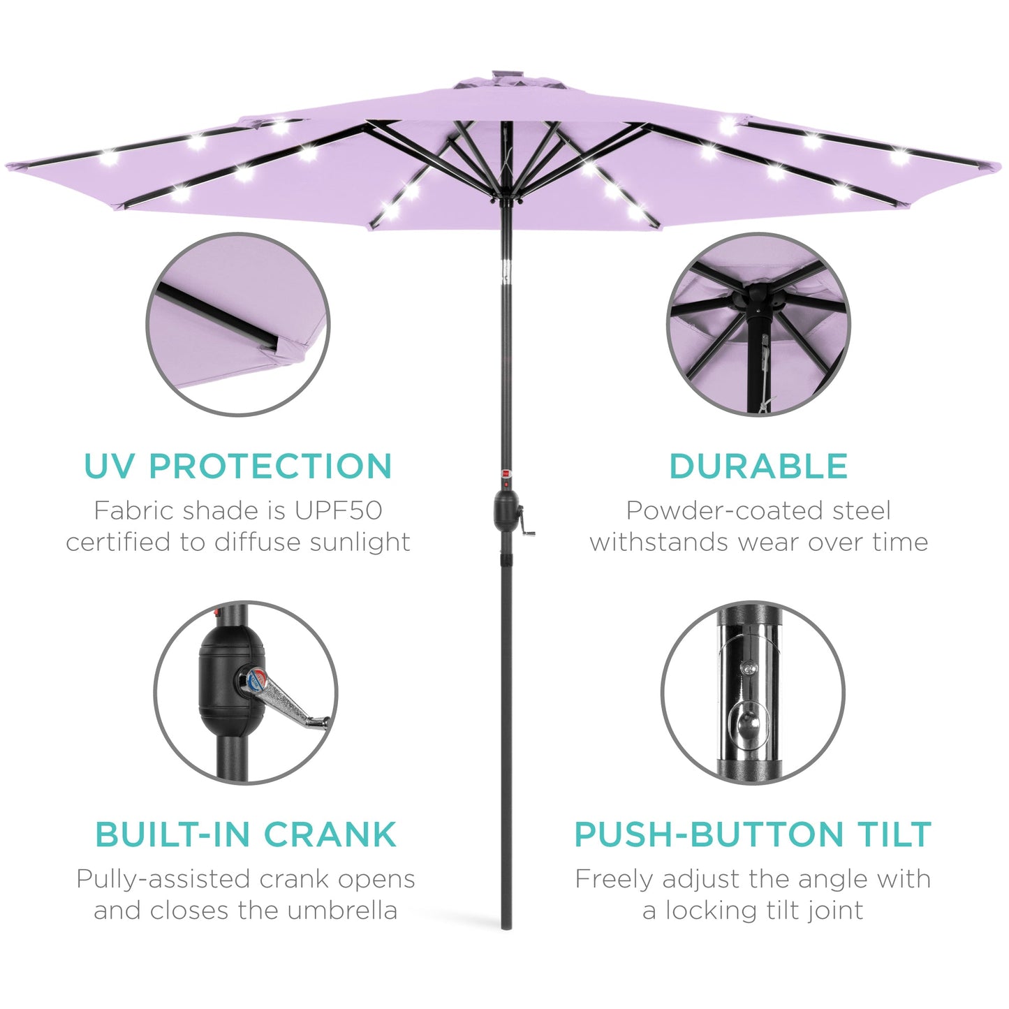 Solar LED Lighted Patio Umbrella w/ Tilt Adjustment, UV-Resistant - 10ft