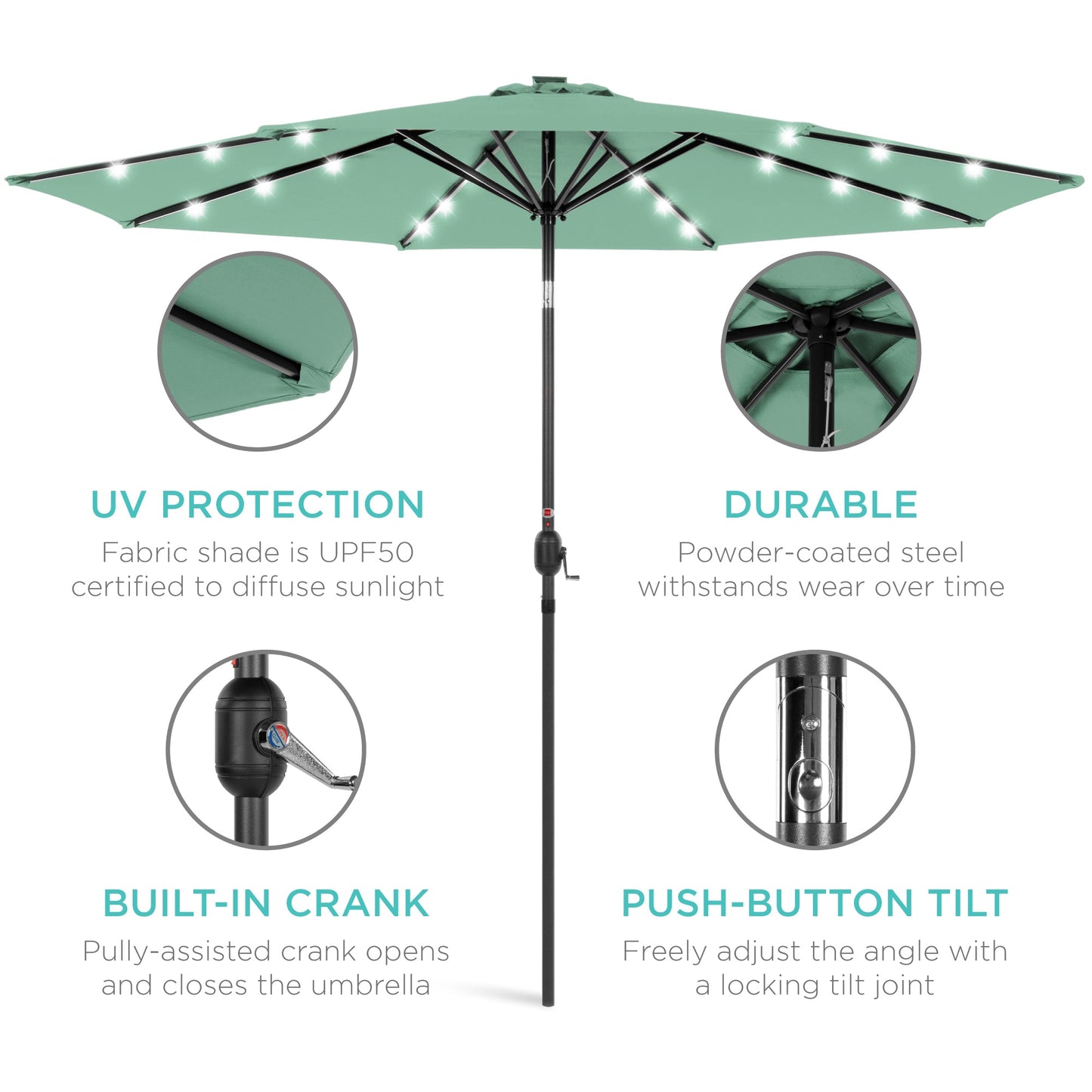 Solar LED Lighted Patio Umbrella w/ Tilt Adjustment, UV-Resistant - 10ft