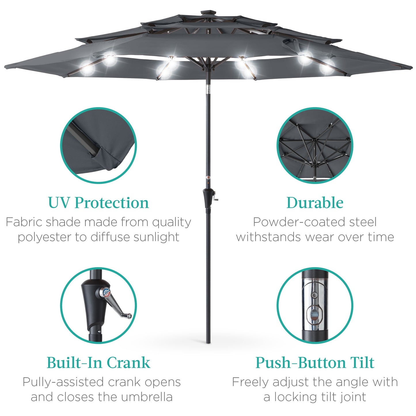 3-Tier Solar Patio Umbrella w/ LED Lights, Tilt Adjustment, Crank - 10ft