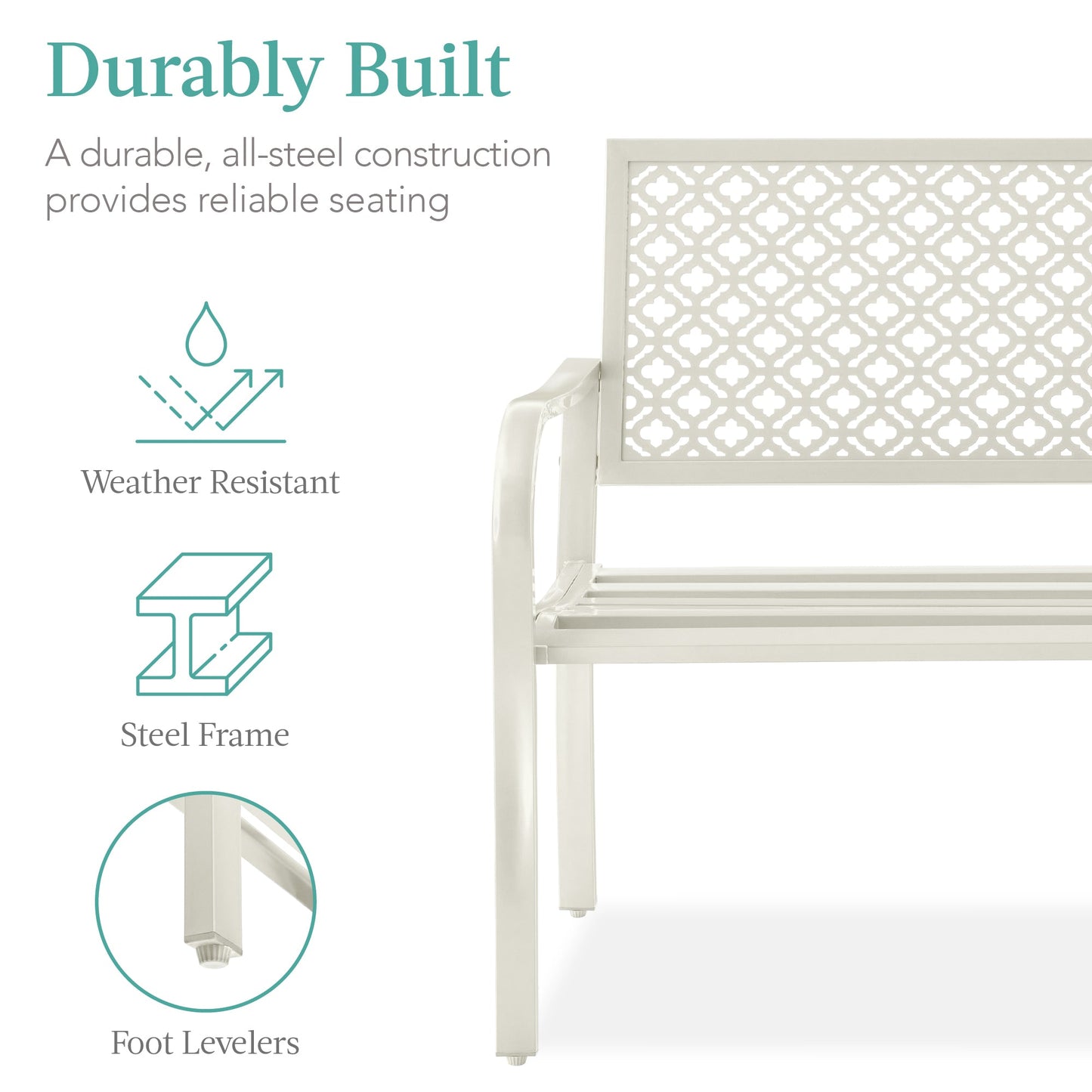 Indoor Outdoor Steel Bench w/ Geometric Backrest, Foot Levelers