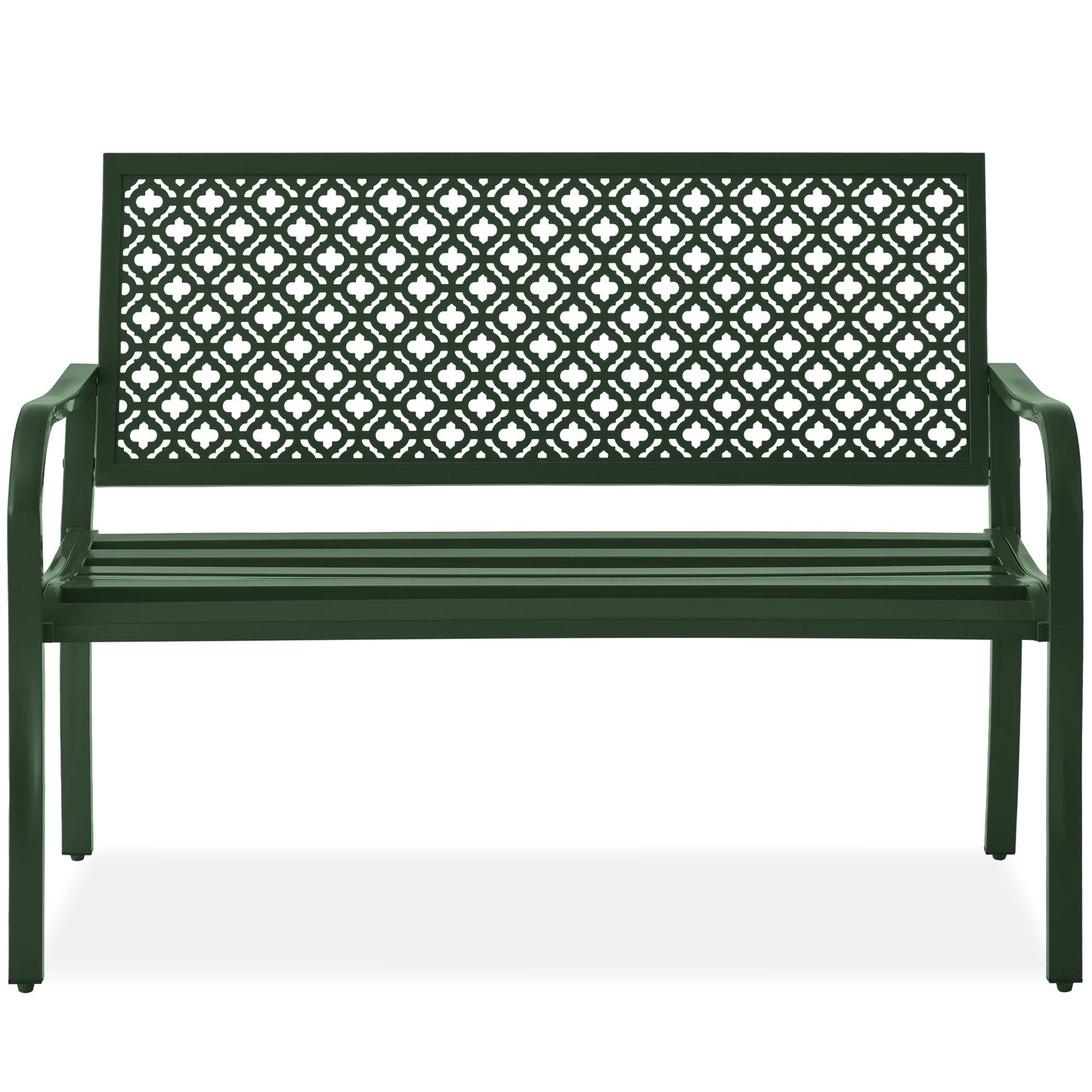 Indoor Outdoor Steel Bench w/ Geometric Backrest, Foot Levelers