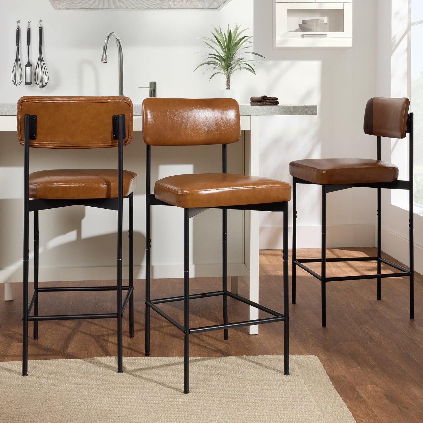 Set of 3 Armless Counter Height Bar Stools, Modern PU Faux Leather Stools