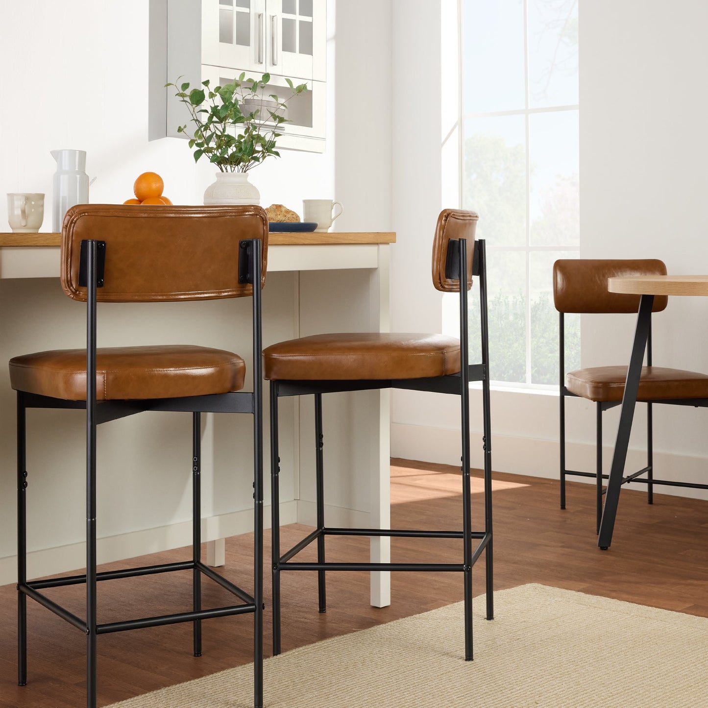 Set of 3 Armless Counter Height Bar Stools, Modern PU Faux Leather Stools