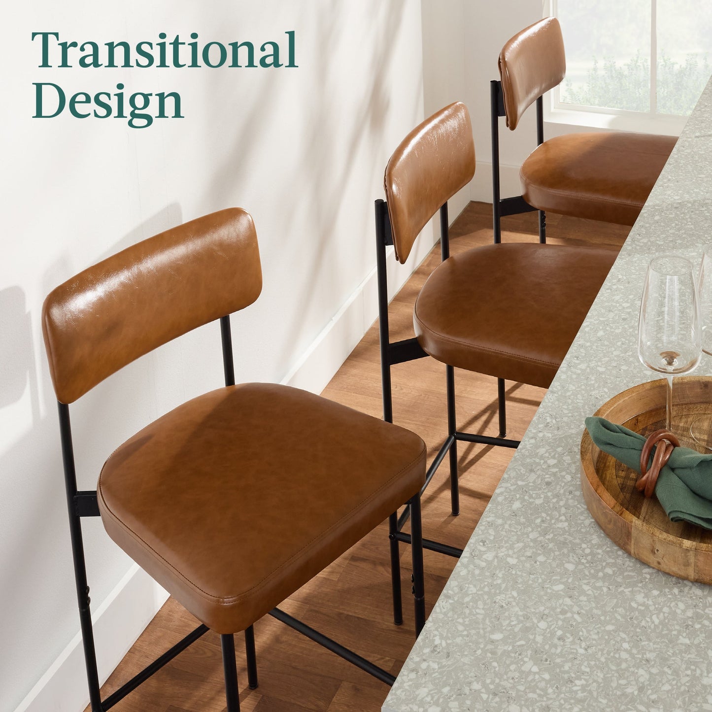 Set of 3 Armless Counter Height Bar Stools, Modern PU Faux Leather Stools