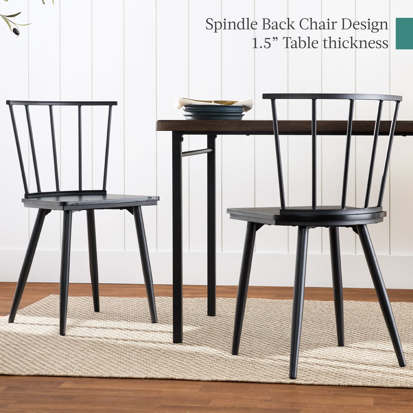 4-Piece Farmhouse Dining Table Set w/ 2 Black Spindle Chairs, Bench, Table