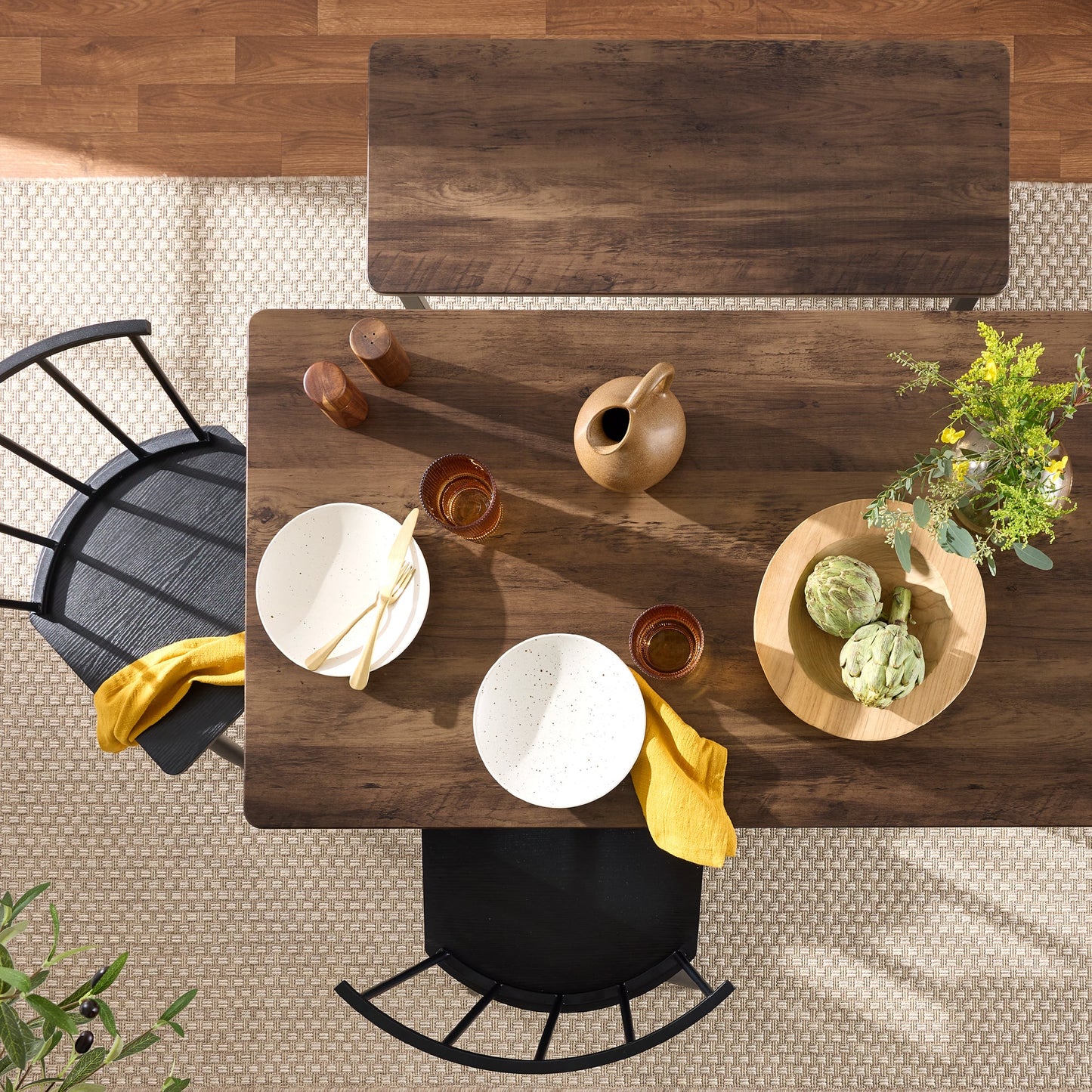 4-Piece Farmhouse Dining Table Set w/ 2 Black Spindle Chairs, Bench, Table