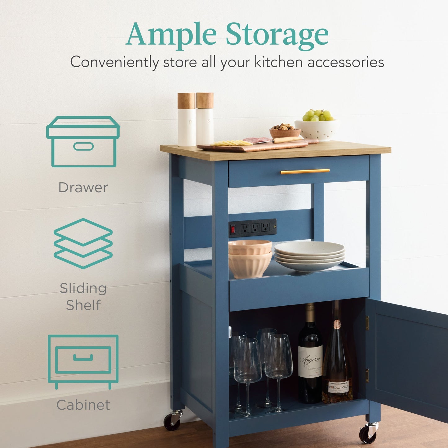 Rolling Kitchen Island Cart, Cabinet w/Drawer, Sliding Tray, Outlet