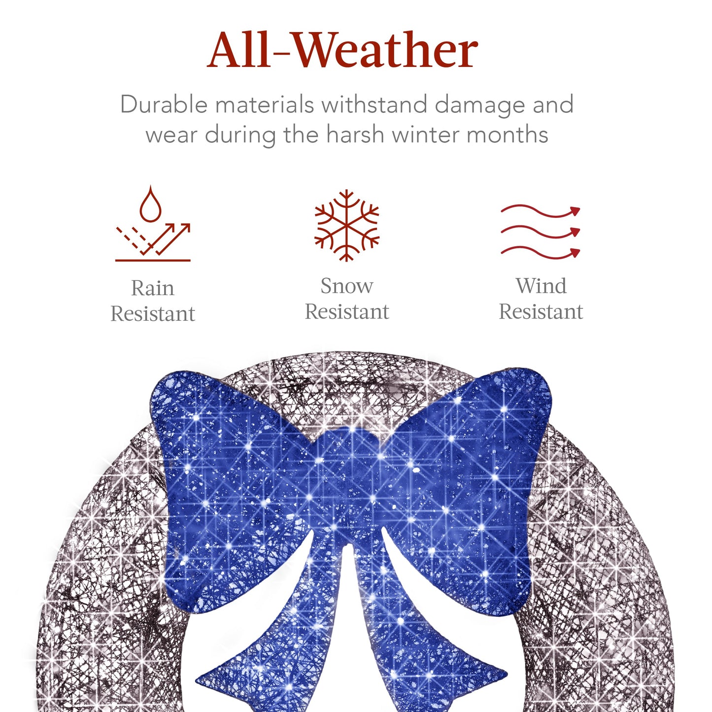 Pre-Lit Outdoor Christmas Wreath, LED Metal Holiday Decor w/ Bow - 30in