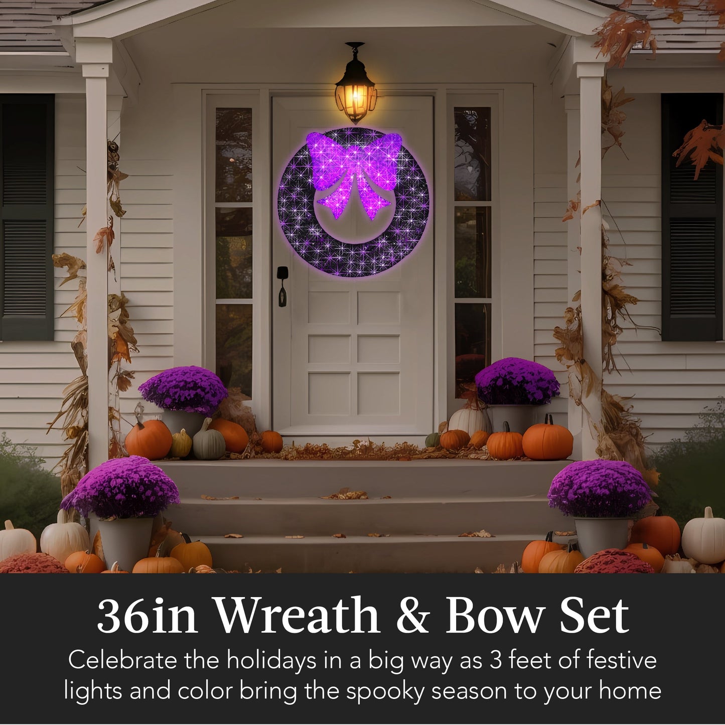 Pre-Lit Outdoor Halloween Wreath, LED Metal Holiday Decor w/ Bow - 36in