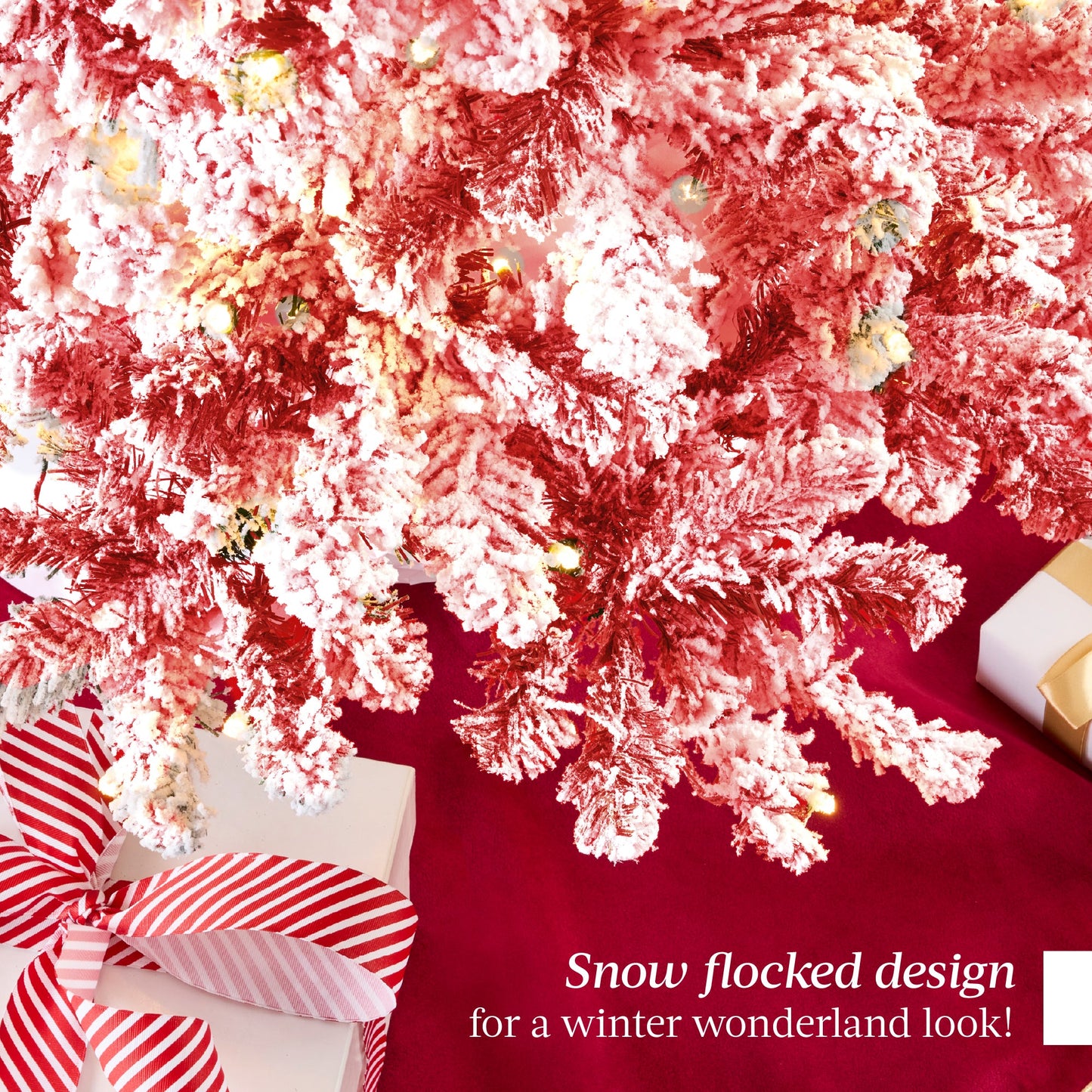 Pre-Lit Red Flocked Artificial Pine Christmas Tree w/ White Lights