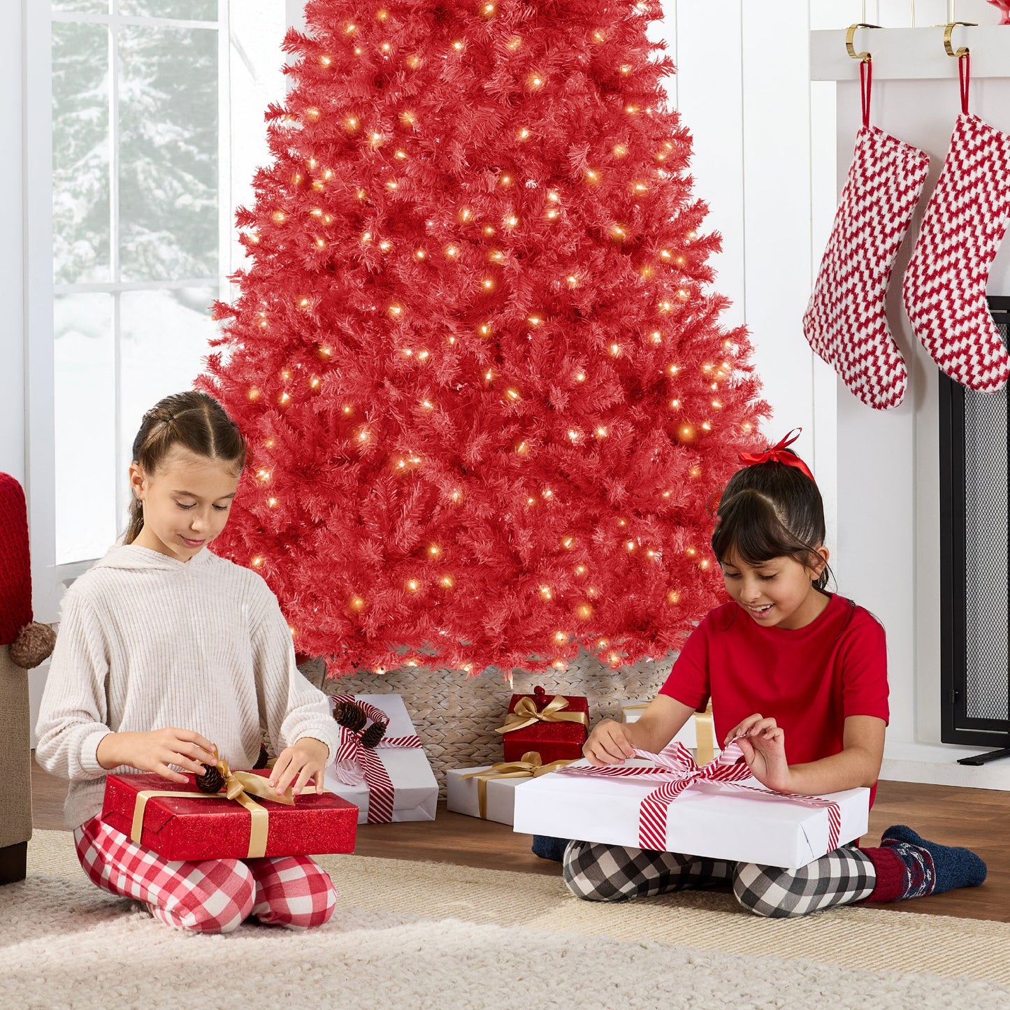 Pre-Lit Artificial Red Christmas Tree w/ Incandescent Lights