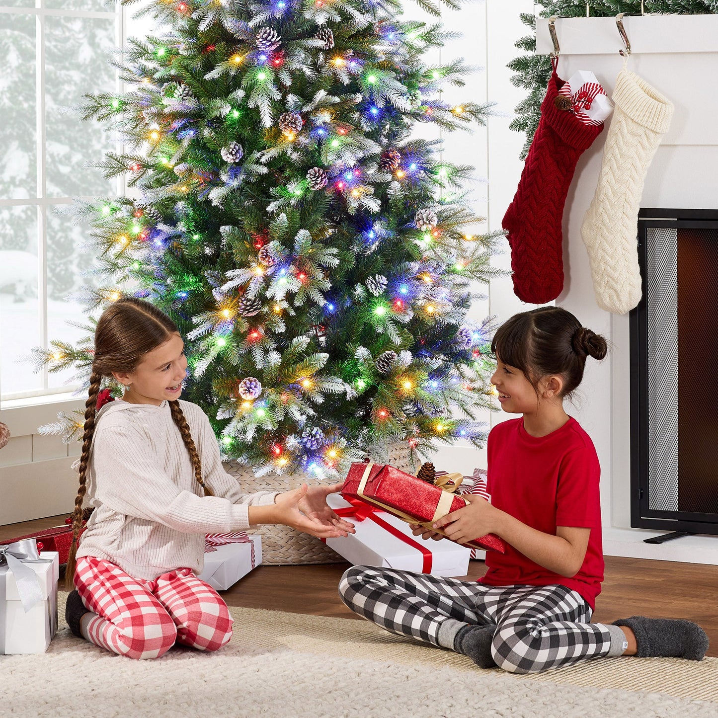 Pre-Lit Artificial Flocked Slim Aspen Noble Fir Christmas Tree w/ Stand