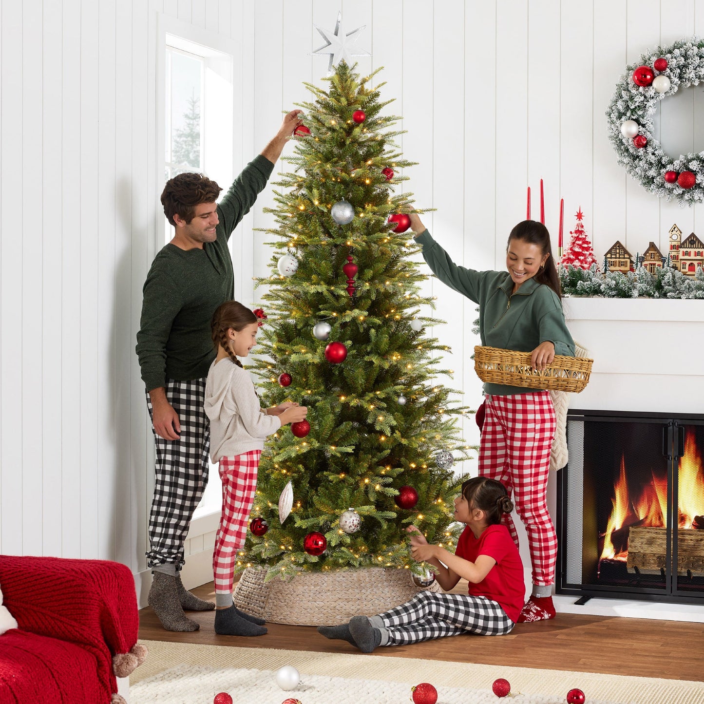 Pre-Lit Artificial Aspen Slim Noble Fir Christmas Tree w/ Metal Stand