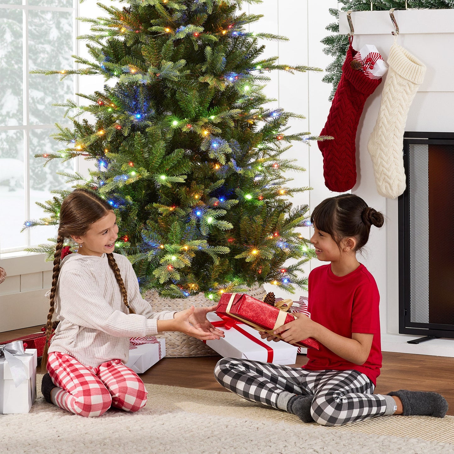 Pre-Lit Artificial Aspen Slim Noble Fir Christmas Tree w/ Metal Stand