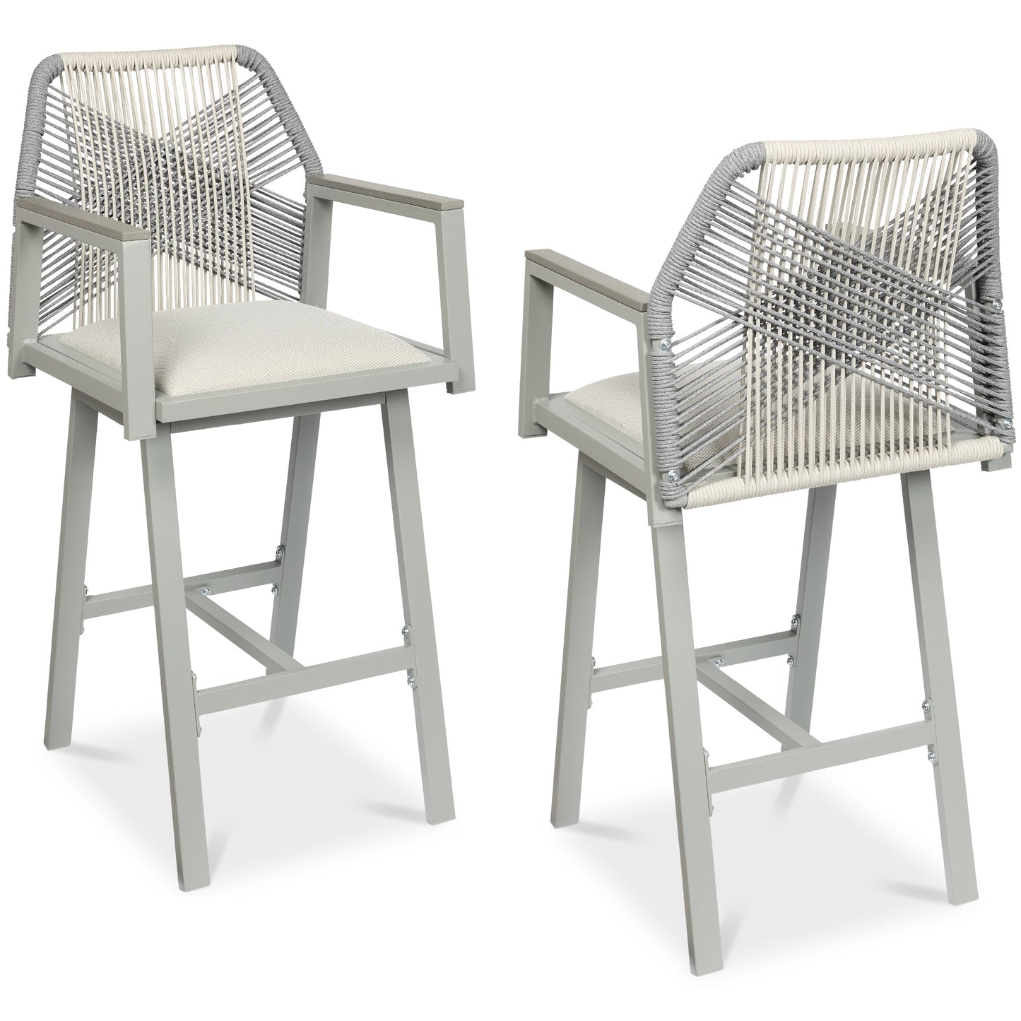 Set of 2 Indoor/Outdoor Aluminum Swivel Barstools with Arms All-Weather Rope